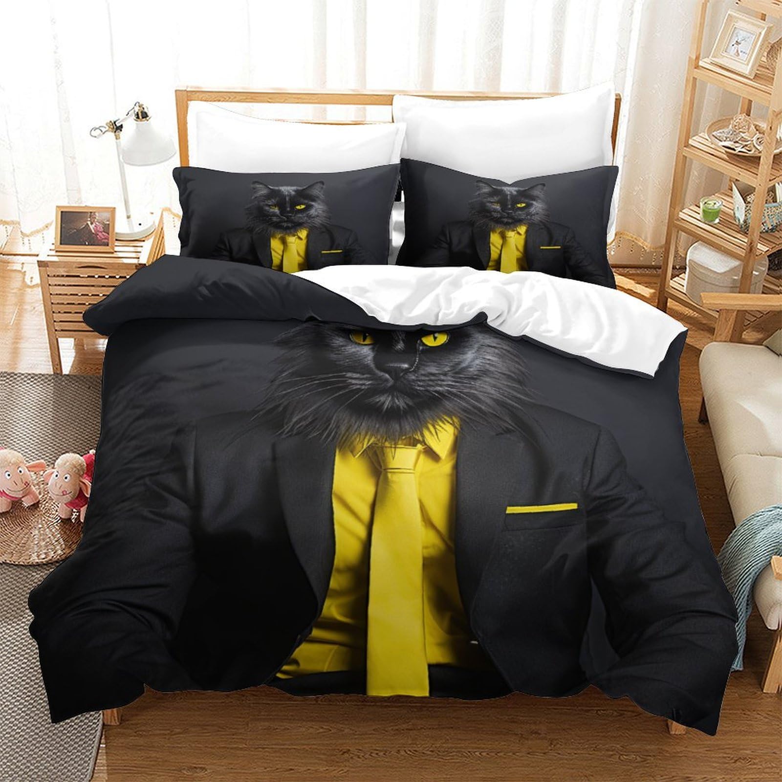P1S9U7W5Y 3D Printed Gentleman Cat Duvet Cover Set 3pcs Microfiber Animal Bedding Set King