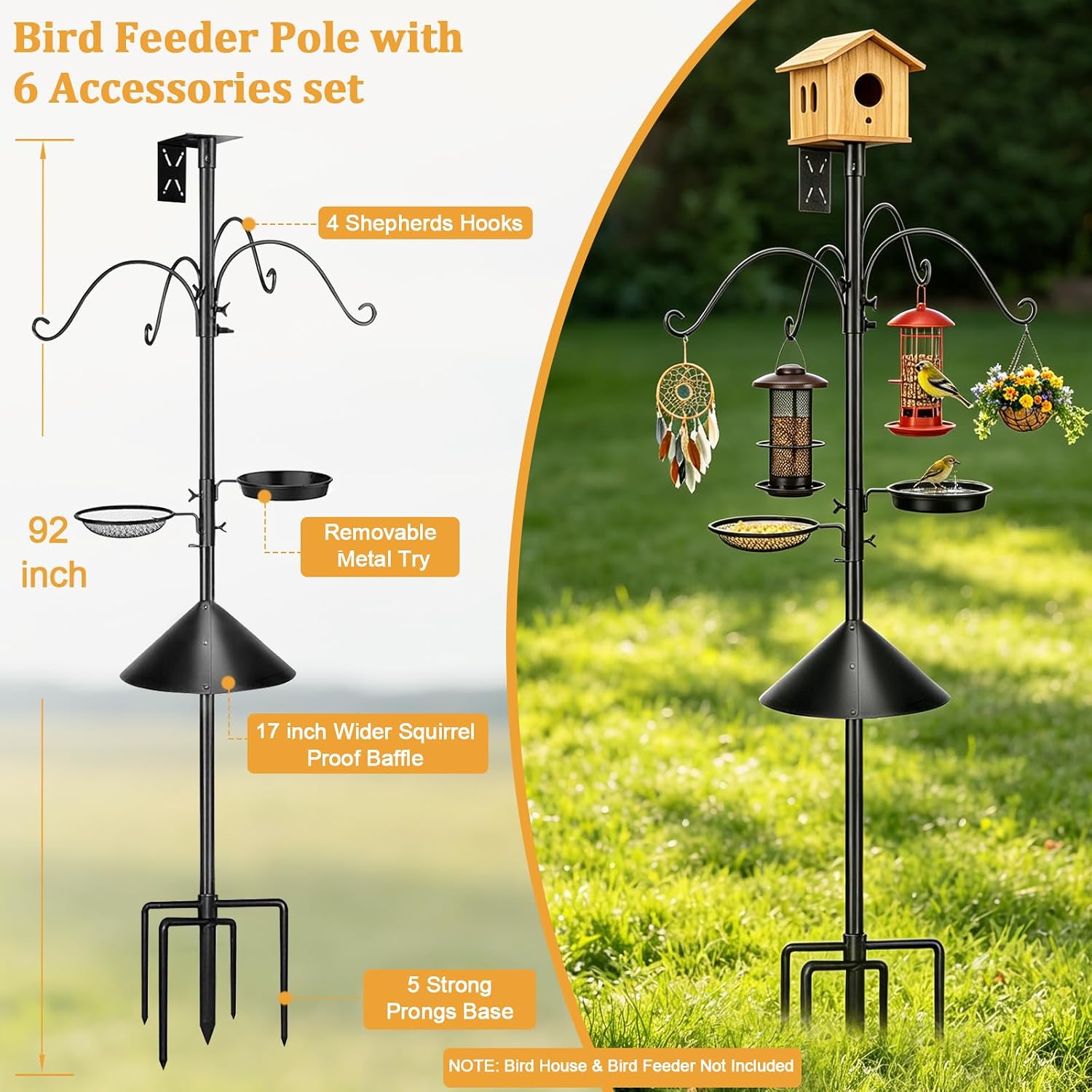 Bird Feeder Pole, Heavy Duty 92" with Squirrel Proof & 5-Prong Base image 2