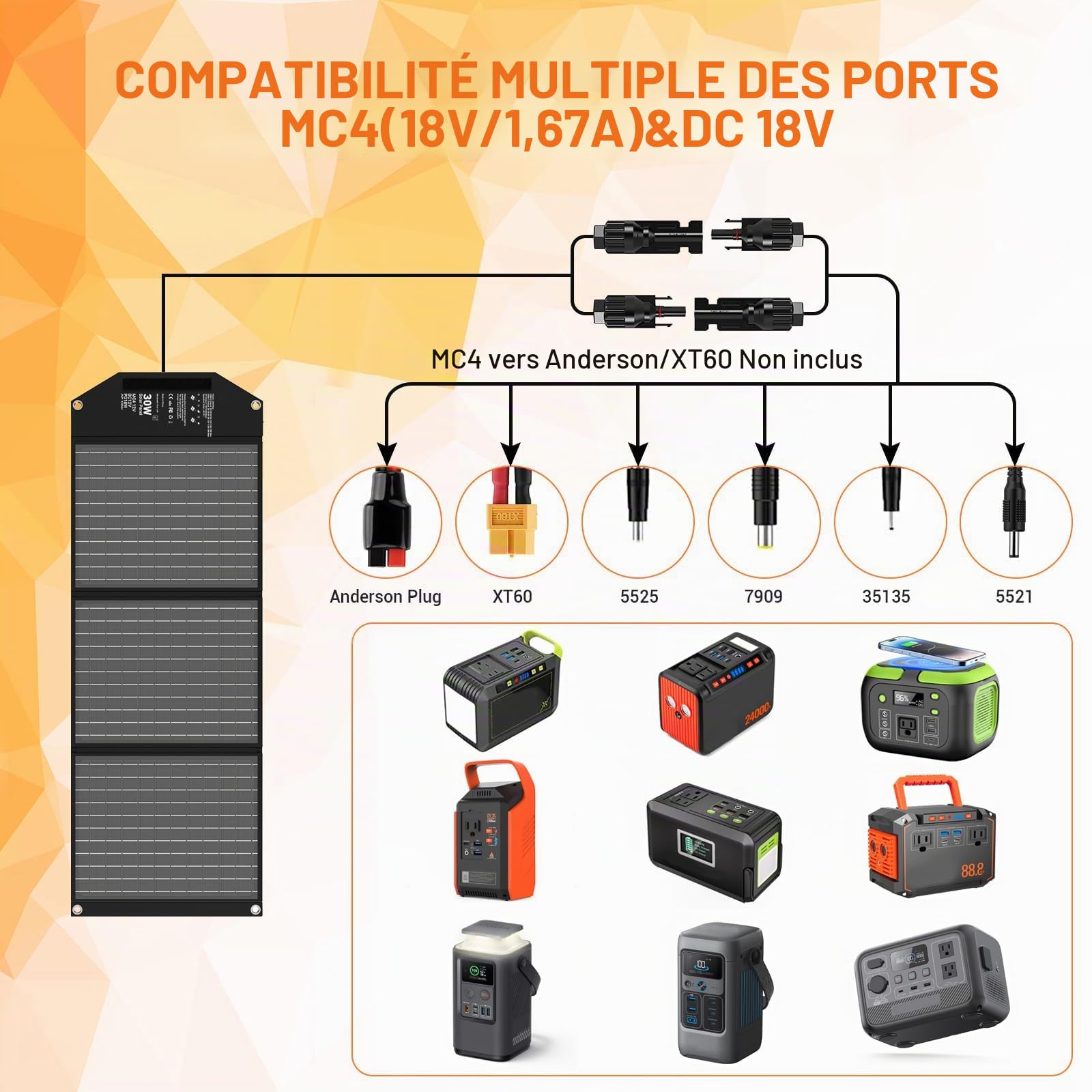 30W Chargeurs Solaires Portable avec 5 Ports, 18V MC4 Haute Sortie / 18V DC/QC 3.0 USB-A et USB-C (PD 18W) Chargeur Solaire Randonnée pour Téléphones Portables, Powerbank, Camping