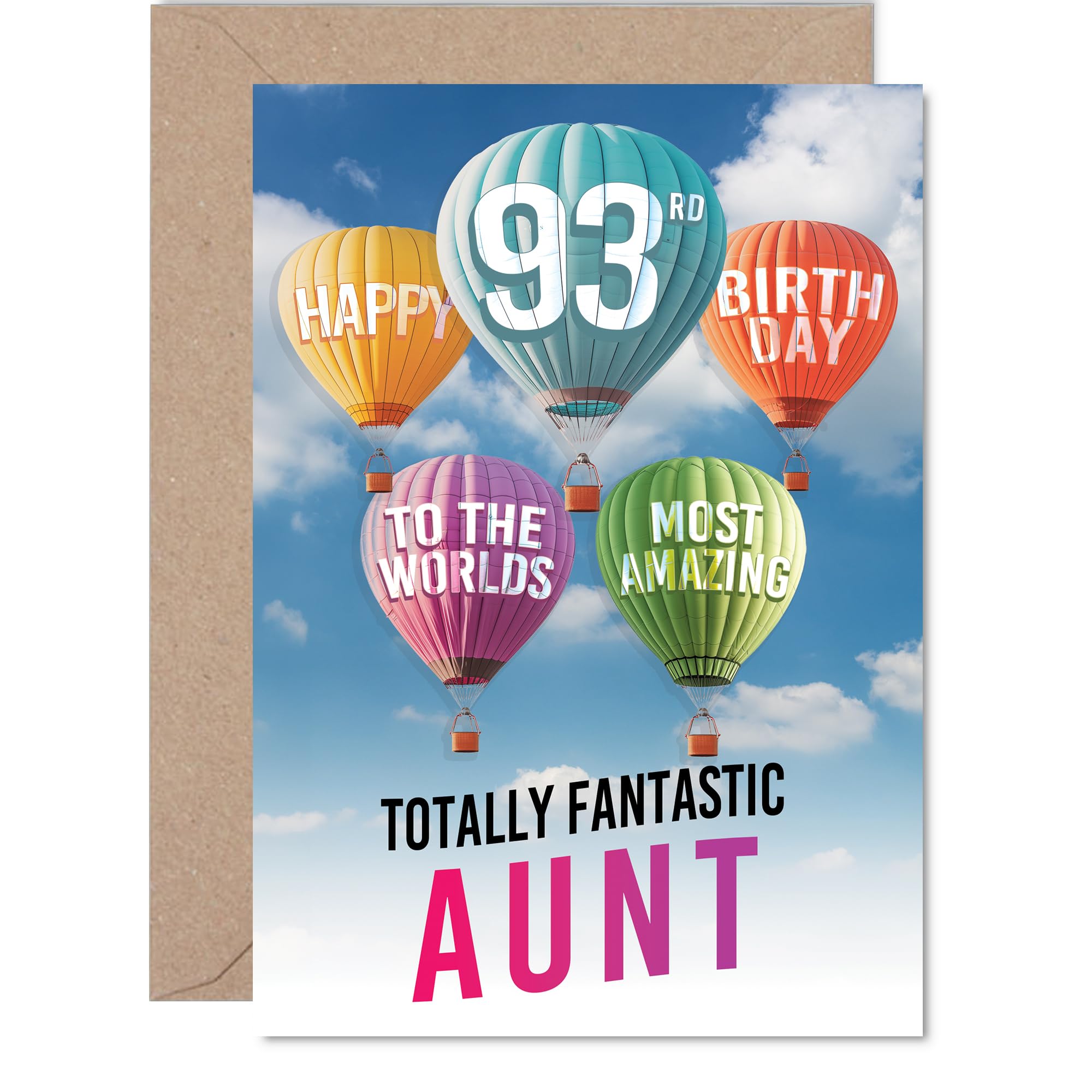 Auntie 93rd Birthday Card - Most Amazing Hot Air Balloon - Happy Birthday Card for 93 Year Old Auntie from Nephew Niece, A5 Balloons Stars Bday Greeting Cards