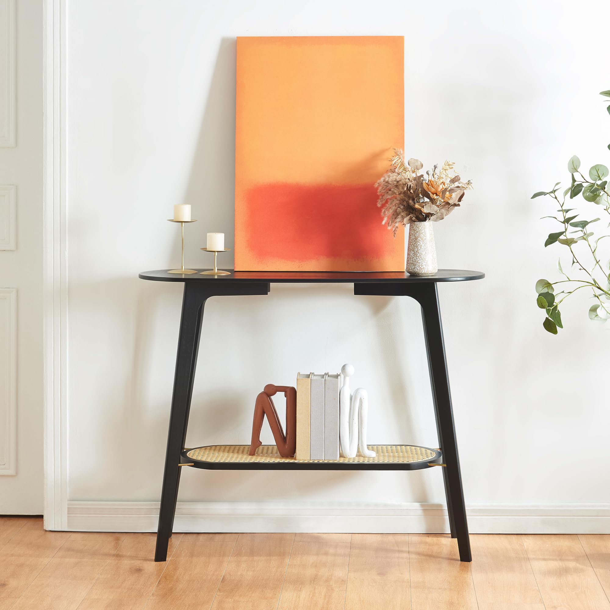 [en.casa] Tavolo a Consolle Scaffale Basso a 2 Piani di Appoggio Tavolo Stretto Multiuso da Ingresso Corridoio 100 x 35 x 80 cm Nero/Beige