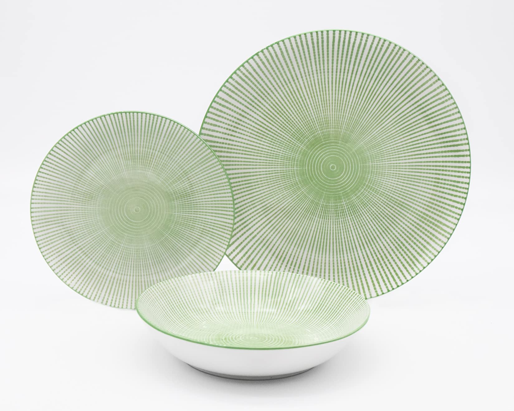 Godinger Laura Green Porcelain 12?Piece Dinnerware Set, Service for 4 – Green & White Starburst Design, Includes 4 Dinner Plates, 4 Salad Plates & 4 Bowls, Microwave Safe Tableware for Gift Use