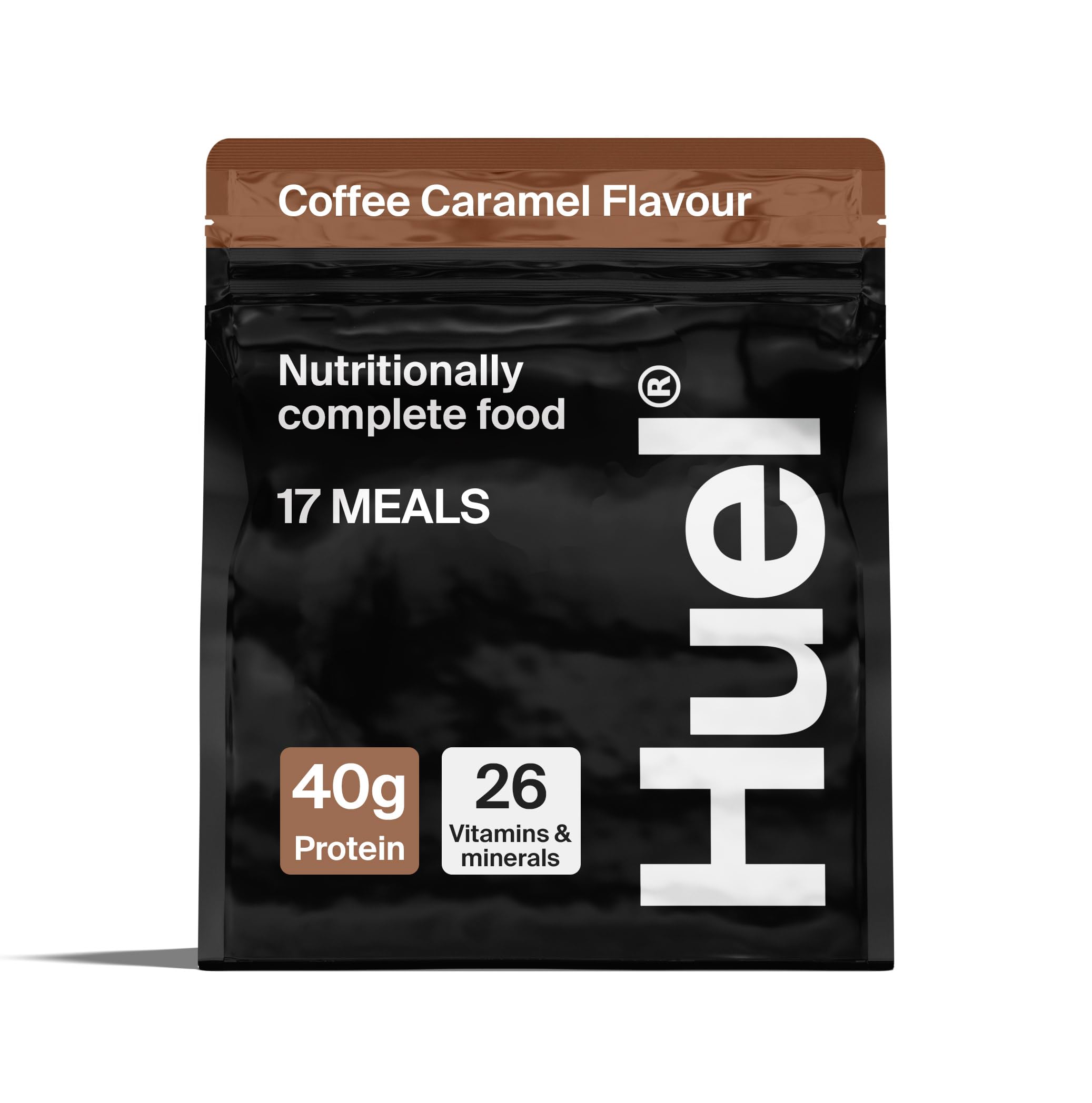 HuelBlack Edition High Protein Complete Meal Replacement, 17 Meals, Coffee Caramel Flavour, 40g of Protein Per Serving, Ready Meals, Vegan Protein Powder, Gluten-Free, Non-GMO