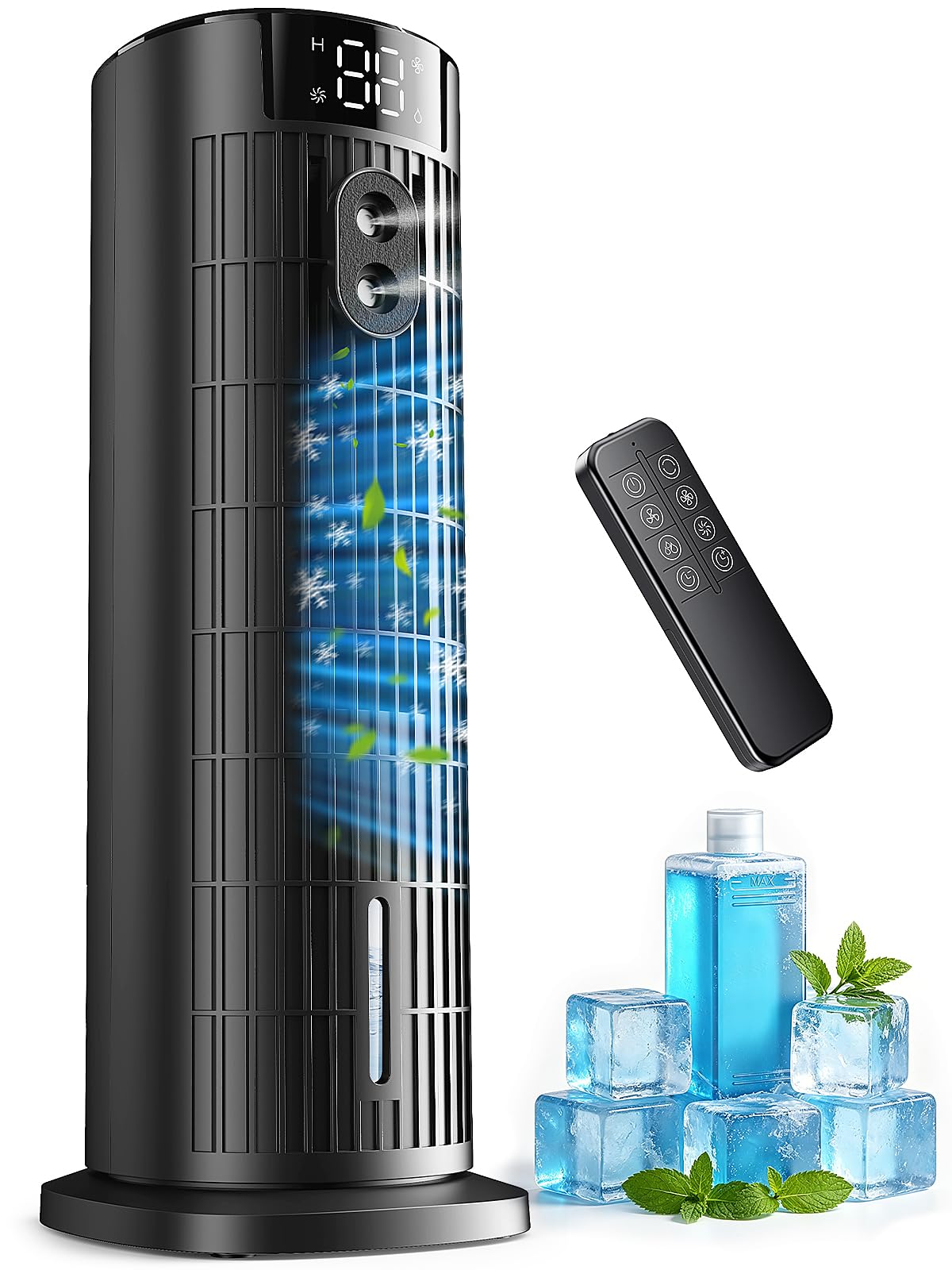 Condizionatore Portatile, 5-in-1 Climatizzatore Portatile Raffreddatore d'aria Silenzioso con Telecomando, 4 Ventilatore, 90° Oscillation, Timer 2-10 Ore, 1000ML per Casa Ufficio, Compatto, Nero Opaco