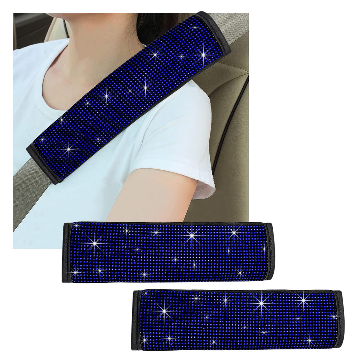 2 PCS Bling Car Seat Belt Cover, Sparkle Leather Seat Belt Pads with Rhinestone, Diamonds Glitter Seatbelt Cushions for Women Girl, Universal Interior Car Accessories (Blue)