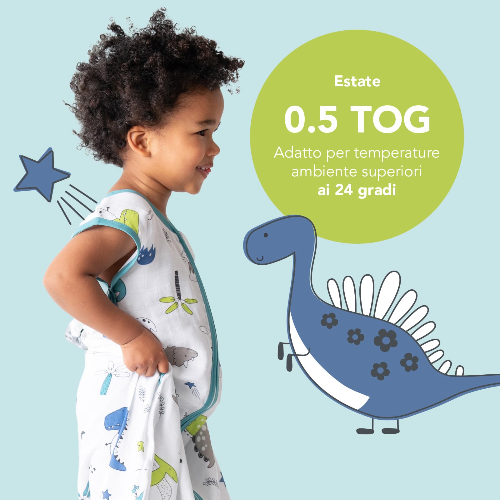 schlummersack Slumbersac Sacco nanna Tog 0.5 110 cm Dinosauro in Mussola | Sacco nanna estivo 18-36 mesi leggero | Sacco a pelo bambini per asilo