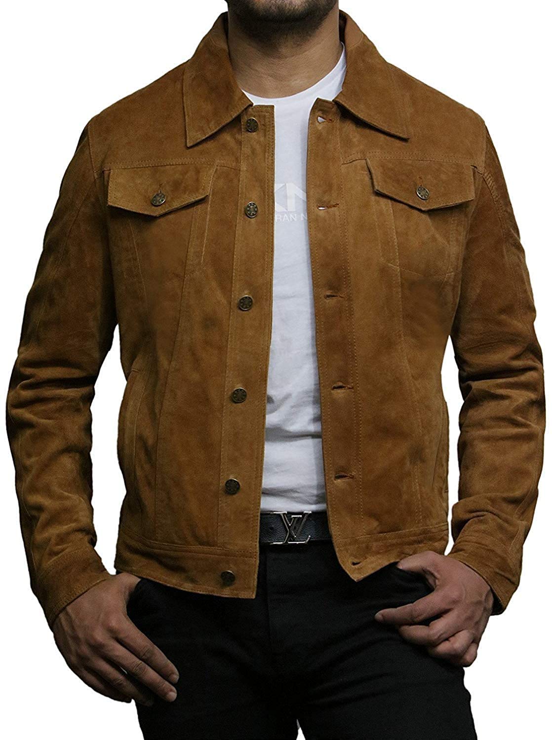 BRANDSLOCKMens Trucker Leather Biker Jacket Genuine Goat Suede