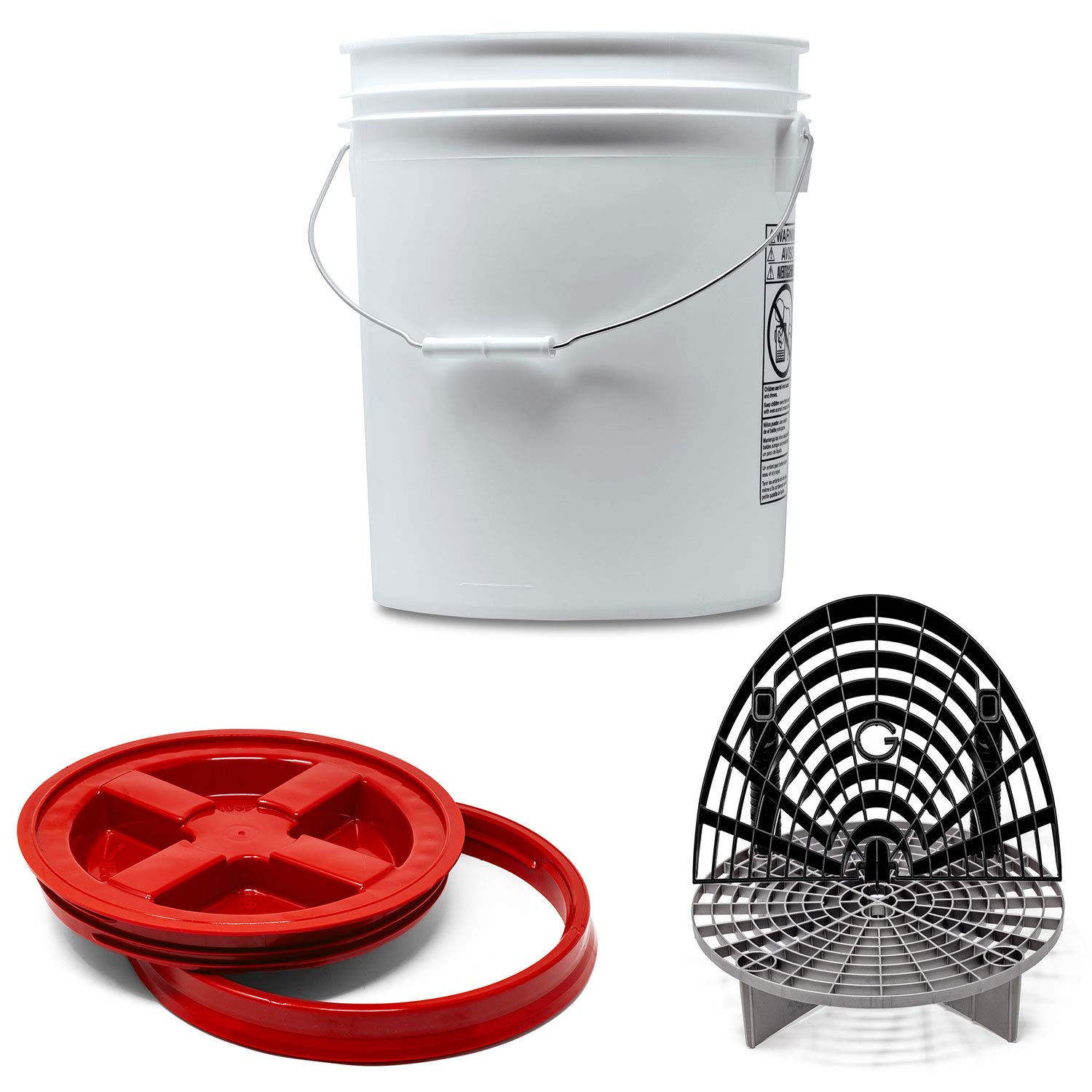 Detailmate professionelles Wasch Eimer Set: Magic Bucket Wascheimer 5 GAL (ca. 20 Liter), Gamma Seal Eimerdeckel rot, GritGuard Schmutz Einsatz Silber, GritGuard Washboard schwarz