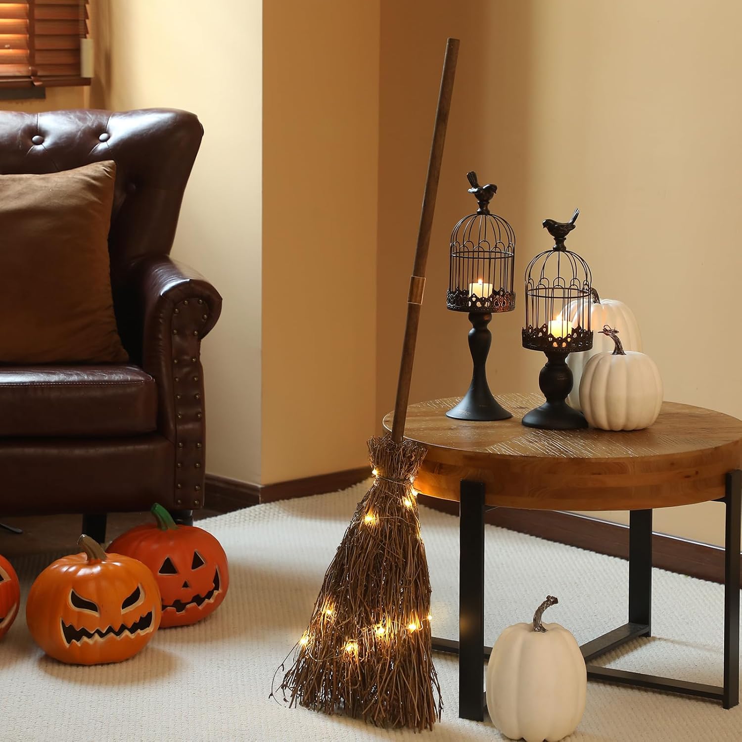 Newtay 36 Inch Tall Witch Broom with LED Light Realistic Witches Broom Costume Prop 3 Halloween Decor Brown Brooms Cosplay Prop Wizard Staff Witch Accessories for Halloween Witches Decor