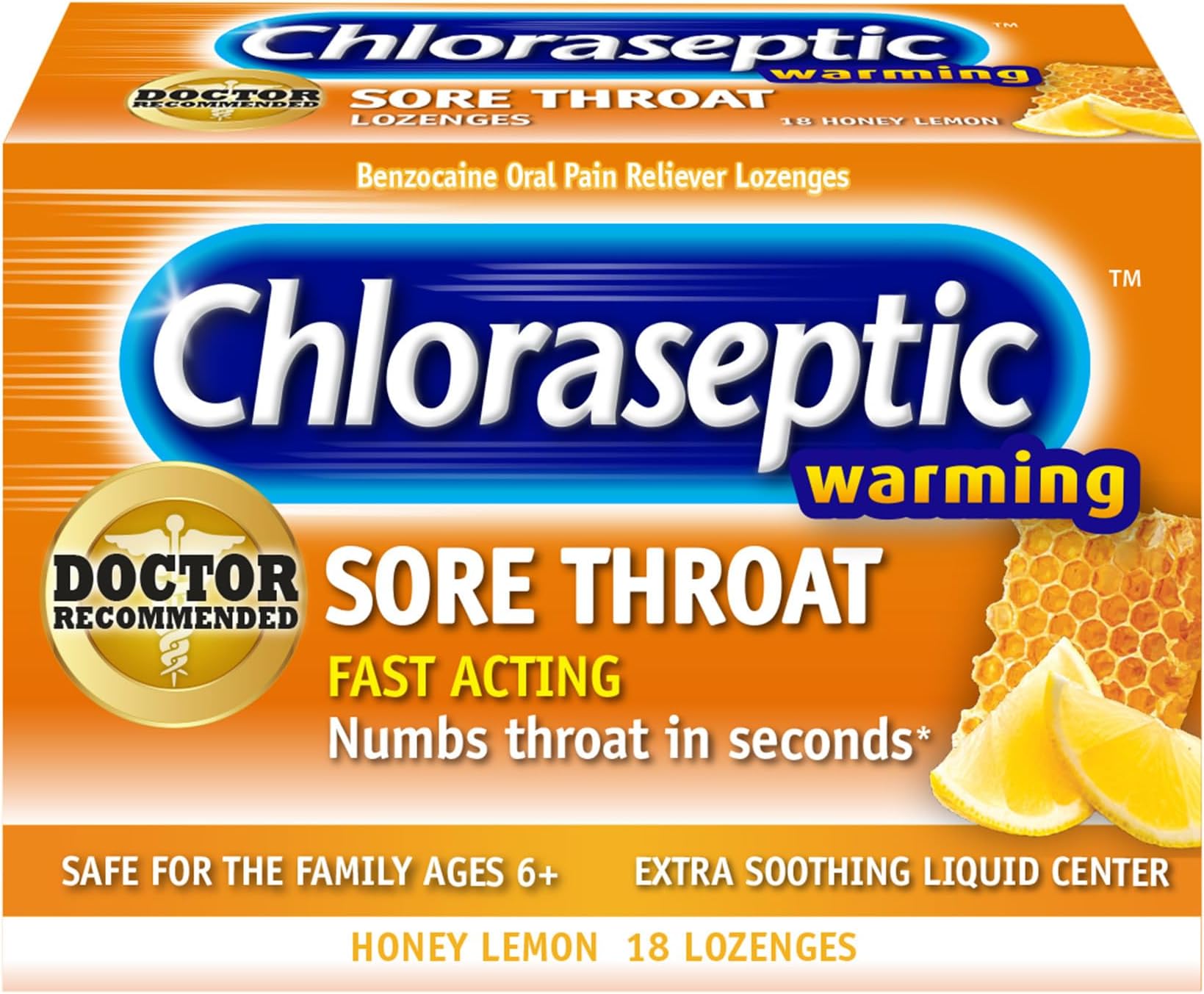 Total Sore Throat Lozenges, Real Honey Lemon, Drops with Liquid Center to Numb and Warm Sore Throat, 18 Count