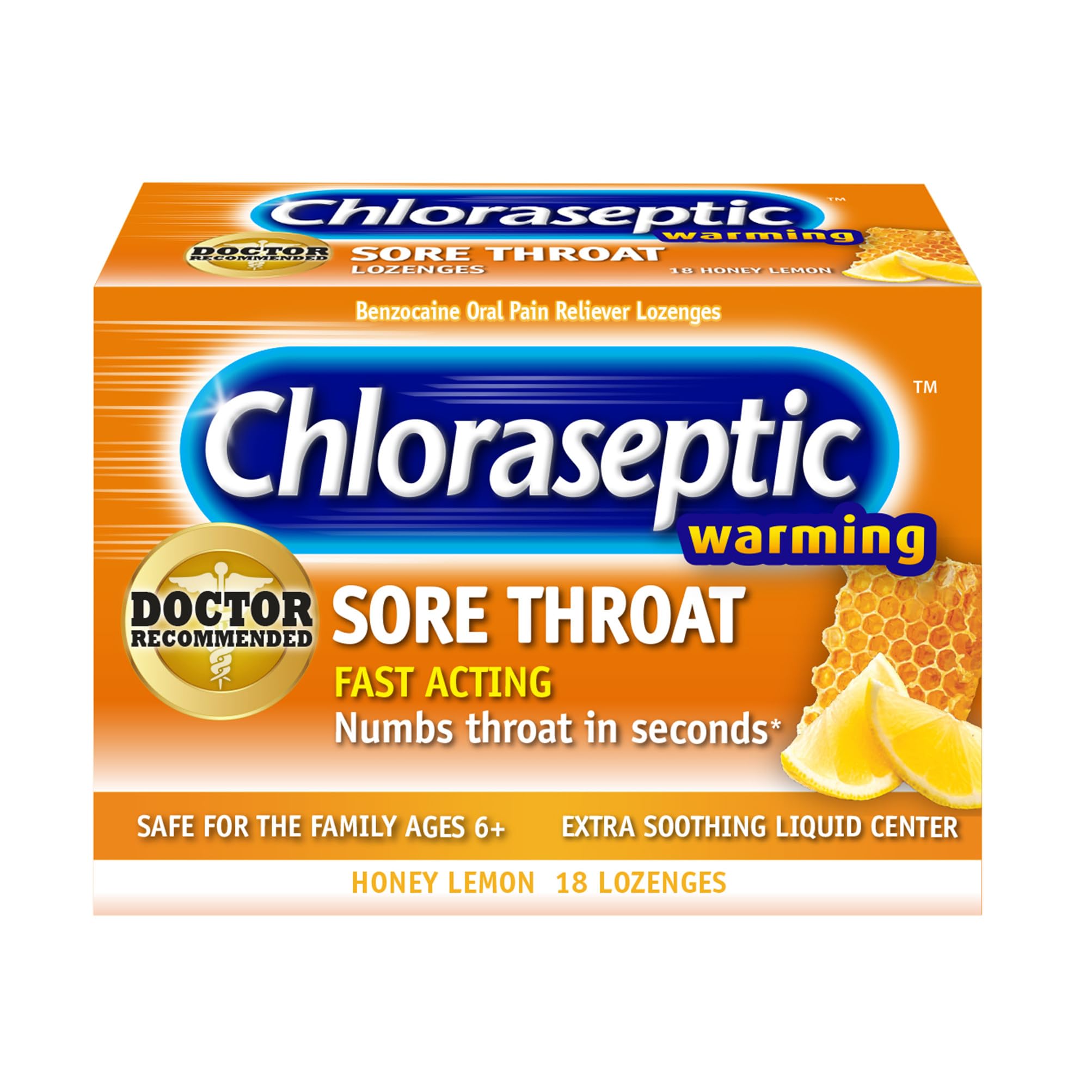 Chloraseptic Total Sore Throat Lozenges, Honey Lemon, 18 Count | Numbs Throat in Seconds*, Extra Soothing Liquid Center, Oral Pain Reliever Lozenges, Fast Acting, Warms Sore Throat