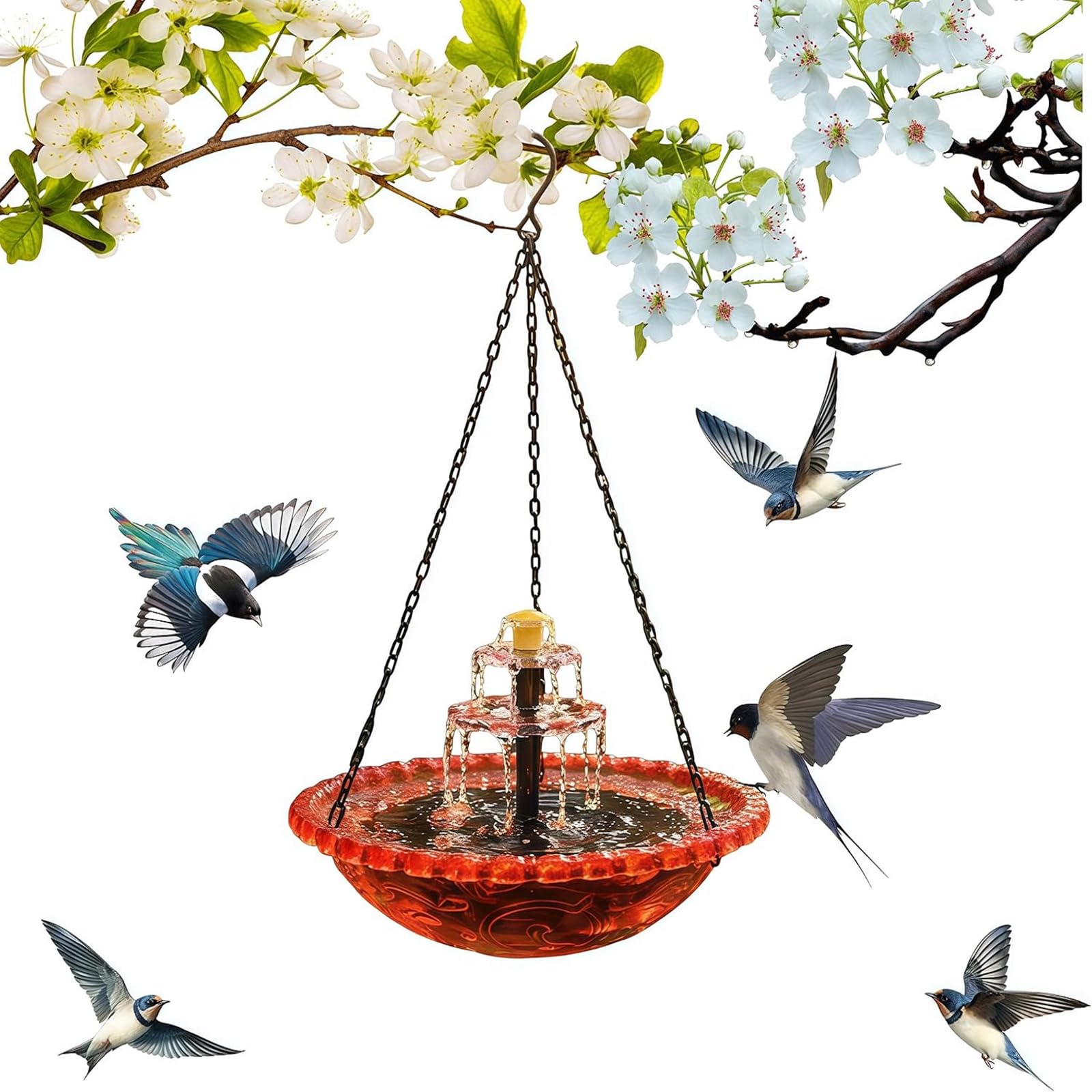 GETBSTOOP Solar Cascade Hanging Bird Bath Fountain, Outdoor Glass Bowl Decor with Solar Pump, Automatic Water Feature for Outdoor Landscape, Garden, Patio, Yard, Attracts Hummingbirds & Wild Birds