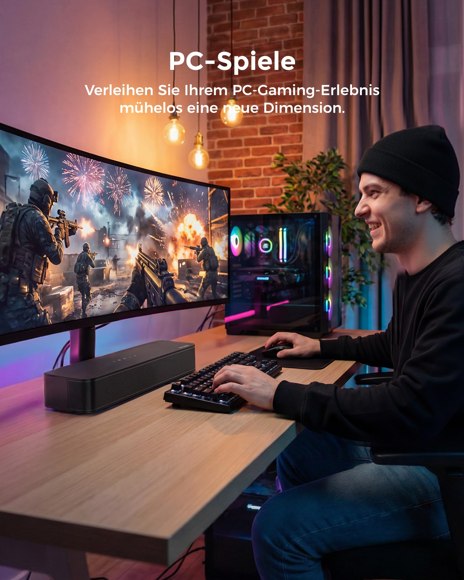 ULTIMEA 2.1 Soundbar für TV Geräte mit integriertem Subwoofer, APP-Steuerung, 132W All-in-One PC Soundbar für Gaming, TV Lautsprecher mit Verstellbarem Bass, Bluetooth® 5.4, Opt/AUX, Poseidon M20 Pro