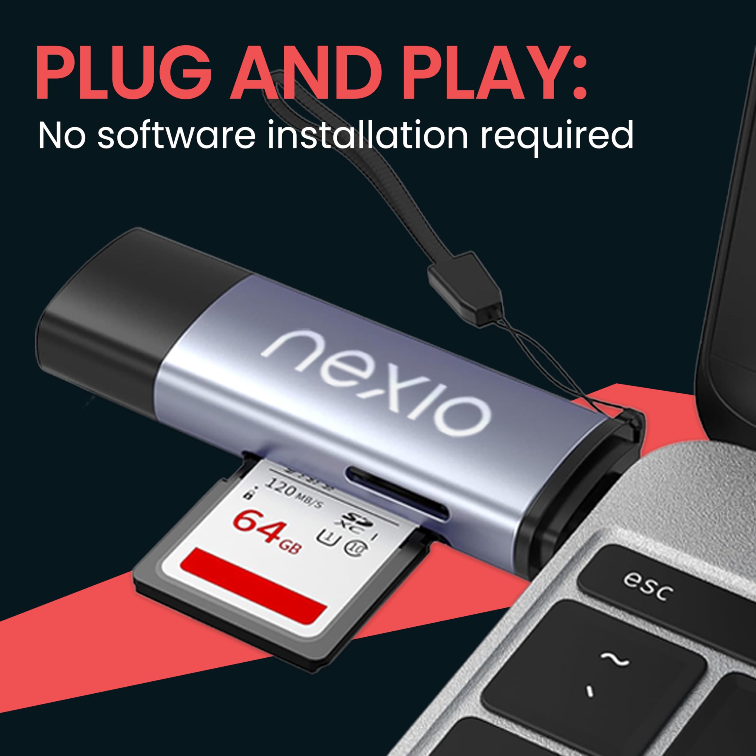NEXIO Lector de tarjetas SD USB 3.0, ranuras duales, 5 Gbps, capacidad de 64 GB