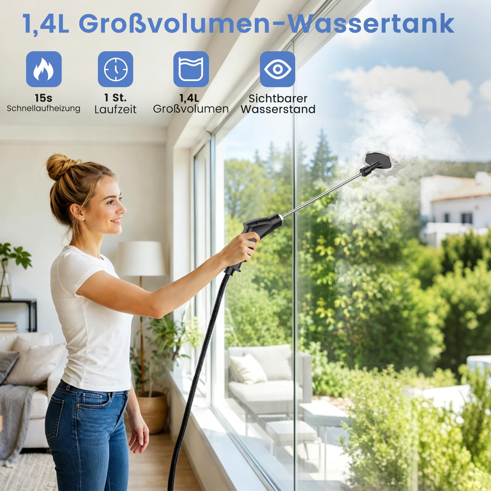 Granarbol Fettlösend Handgerät Dampfreiniger für Alles,1400ml/4Bar/105℃ Steam Cleaner,15s Schnellheizung Handdampfreiniger mit 8PCS Ersatzbürste für Boden,Auto,Polstermöbel,Fliesen,Teppich,Badezimmer