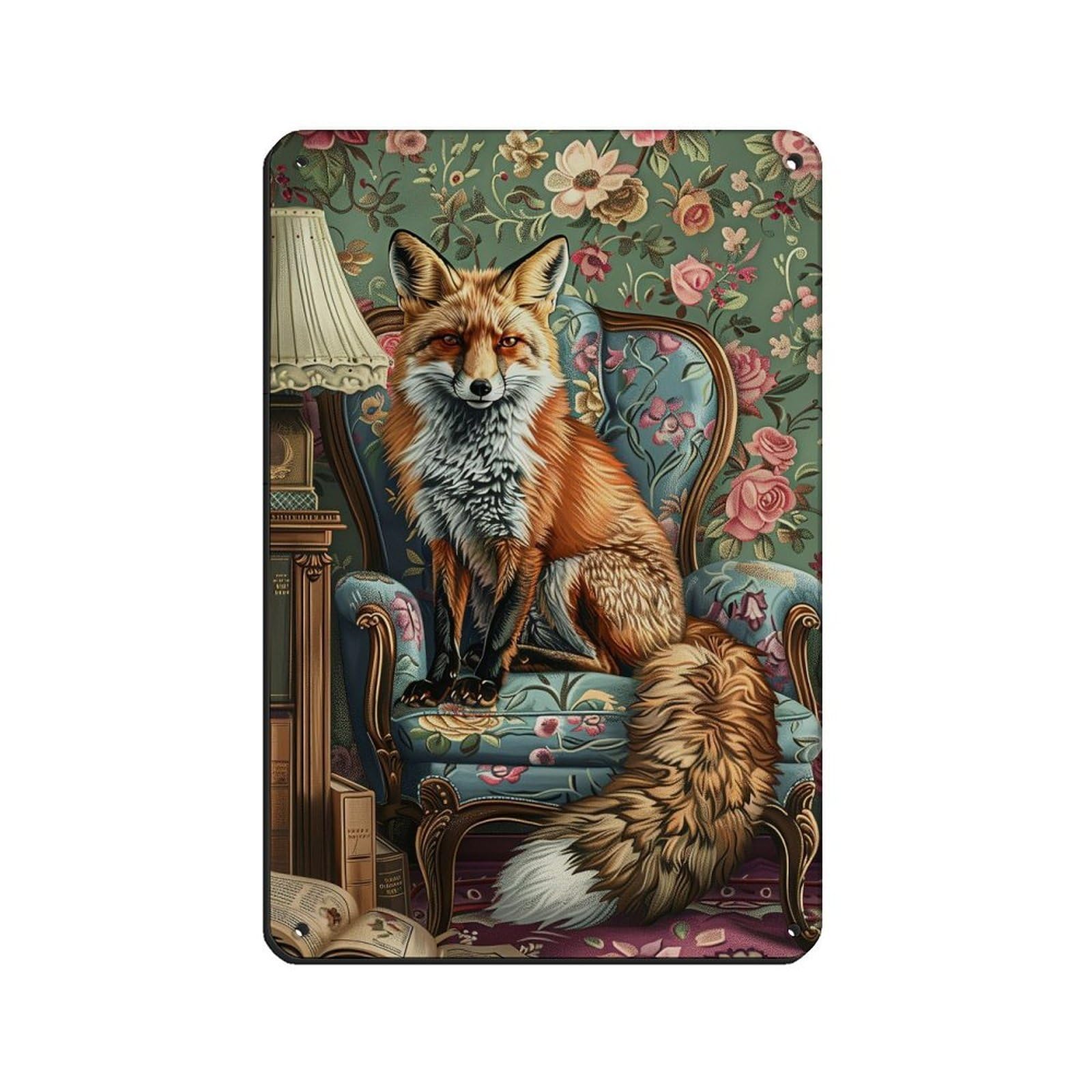 Lxwnze 20L X 30W Cm Cottage Fox On Sofa Poster Tin Sign Vintage Metal Pub Club Cafe Bar Home Wall Art Decoration Poster Retro 8X12inch(20X30cm)