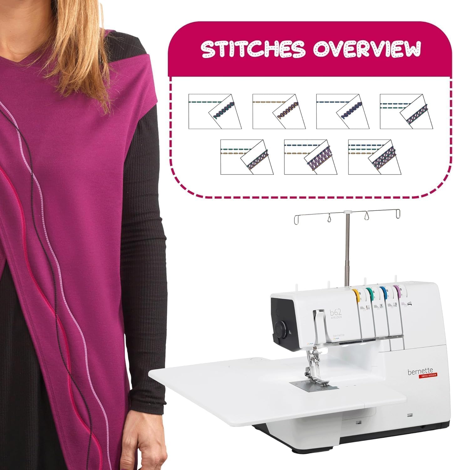 Bernette b62 AIRLOCK Coverstitch Machine | Air Threading, LED Light | Professional Cover Stitching for Knit & Stretch Fabrics