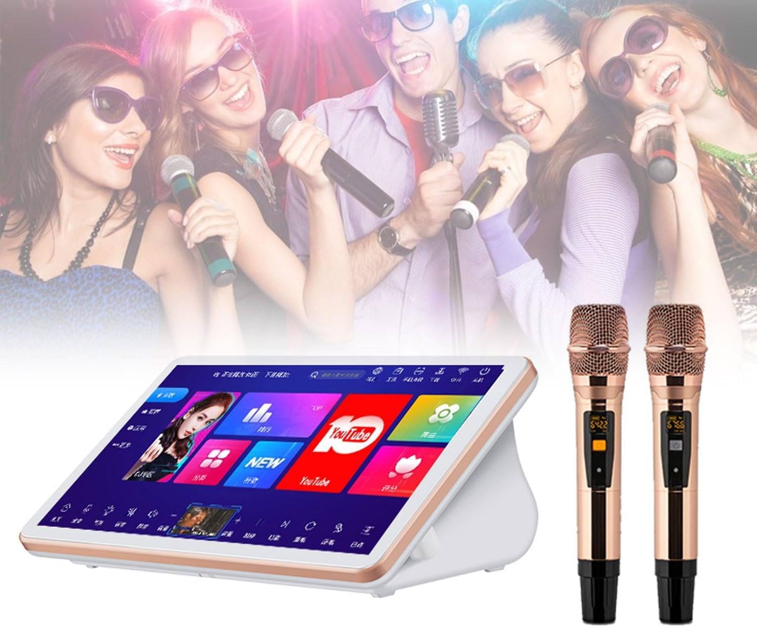 Macchina per karaoke da 18,5 pollici, lettore KTV touch screen con microfono wireless, sistemi portatili per karaoke, lettore karaoke tutto in uno,per famiglia/bar/festa,White-500G