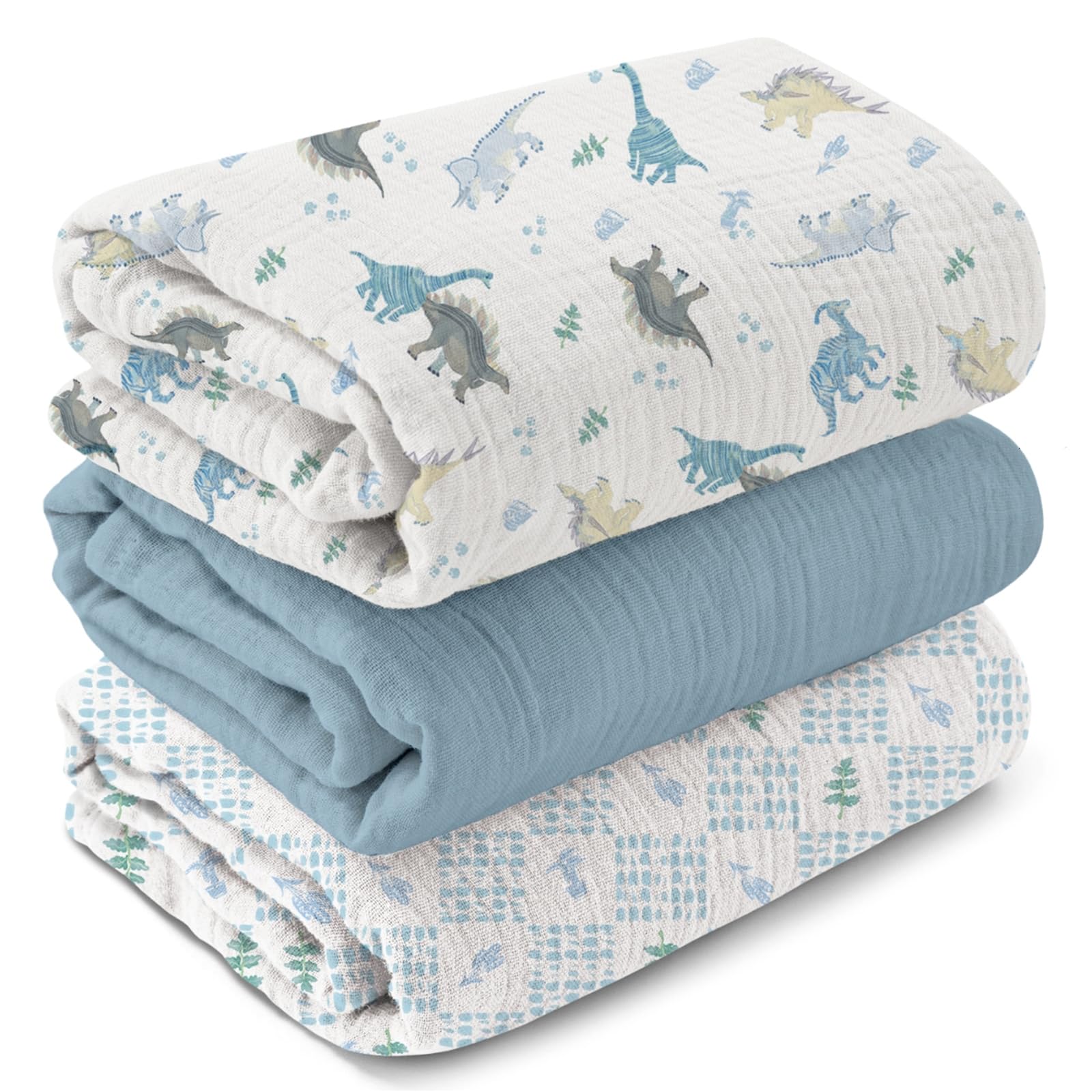 Soarwg Kids Muslin-Wickeldecke für Babys, Muslin-Tücher für Neugeborene, 3er-Pack Muslin-Decken, groß 95 x 100 cm, ideal als Babyparty-Geschenk (mit Dinosaurier-Motiv)