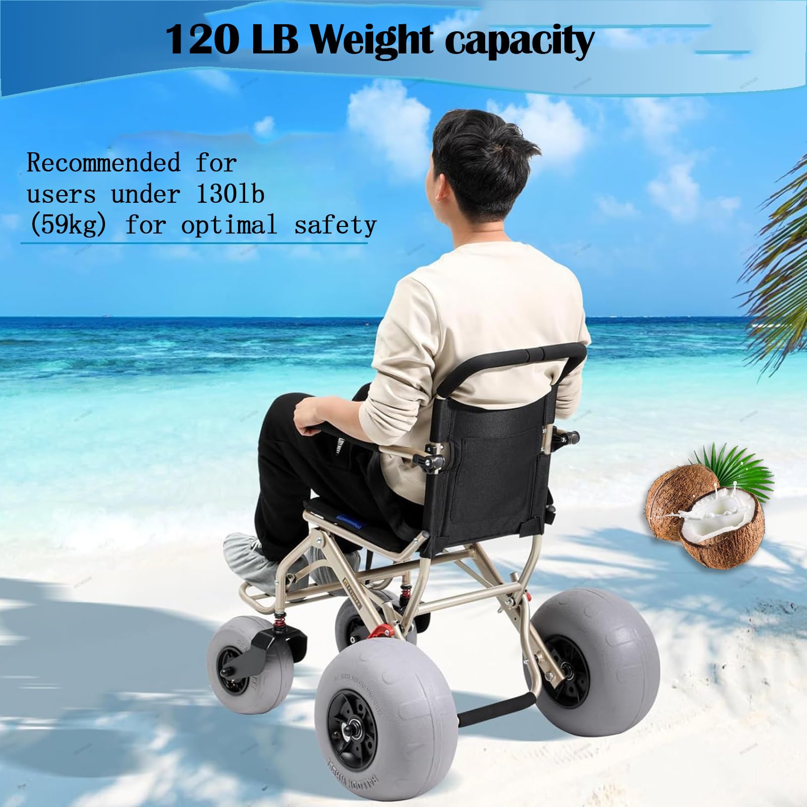 Silla De Ruedas Ligera Para Playa, Ideal Para Personas Mayores Y NiñOs, Todoterreno, Con NeumáTicos De Globo De 12'' Y 9'', DiseñO Plegable, Ruedas De LiberacióN RáPida, Capacidad De Carga De 220 Lb.