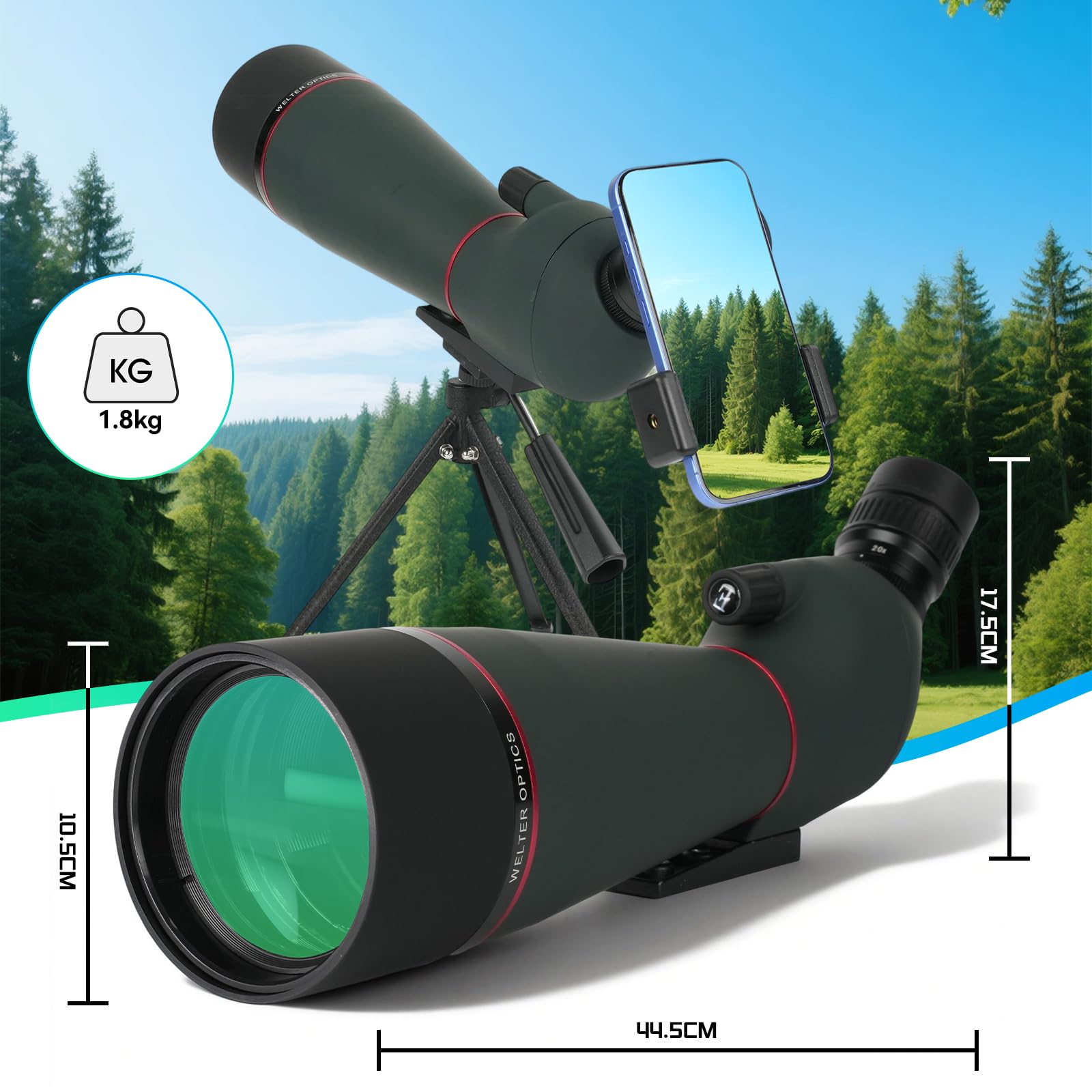 Catalejo Terrestre HD 20-60x80, Lente FMC Verde, Adaptador Móvil + Trípode, Portátil para Observar Aves, Caza y Paisajes
