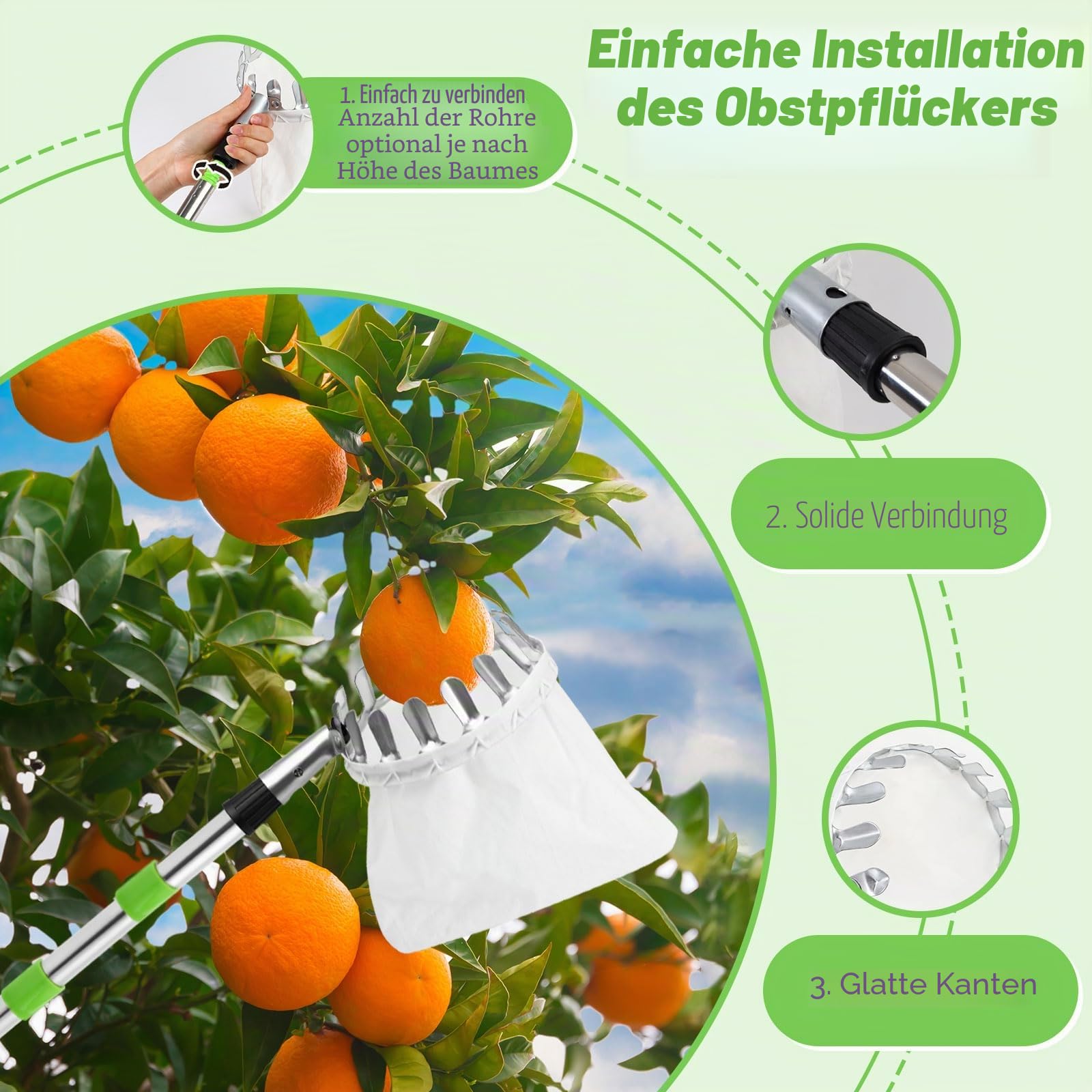 4.2M Obstpflücker mit Teleskopstiel, 10 Abschnitte Apfelpflücker mit Stoffbeutelhalter und Schnur-Aufbewahrungstasche, Zum Pflücken von Früchten aus hohen Bäumen