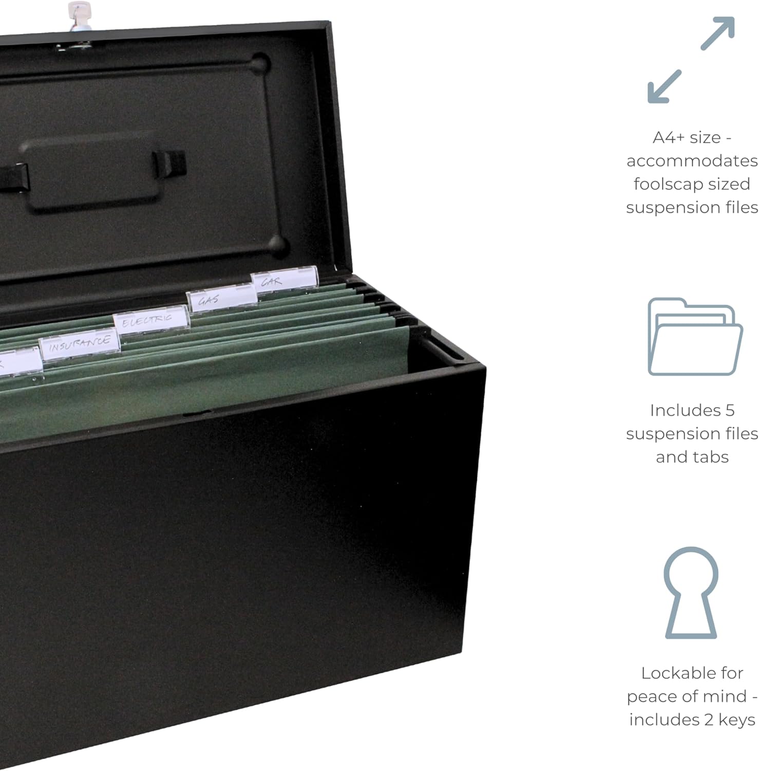 Cathedral Products A4+ (Foolscap) Steel File Box with Starter Pack of 5 Suspension Files - Black