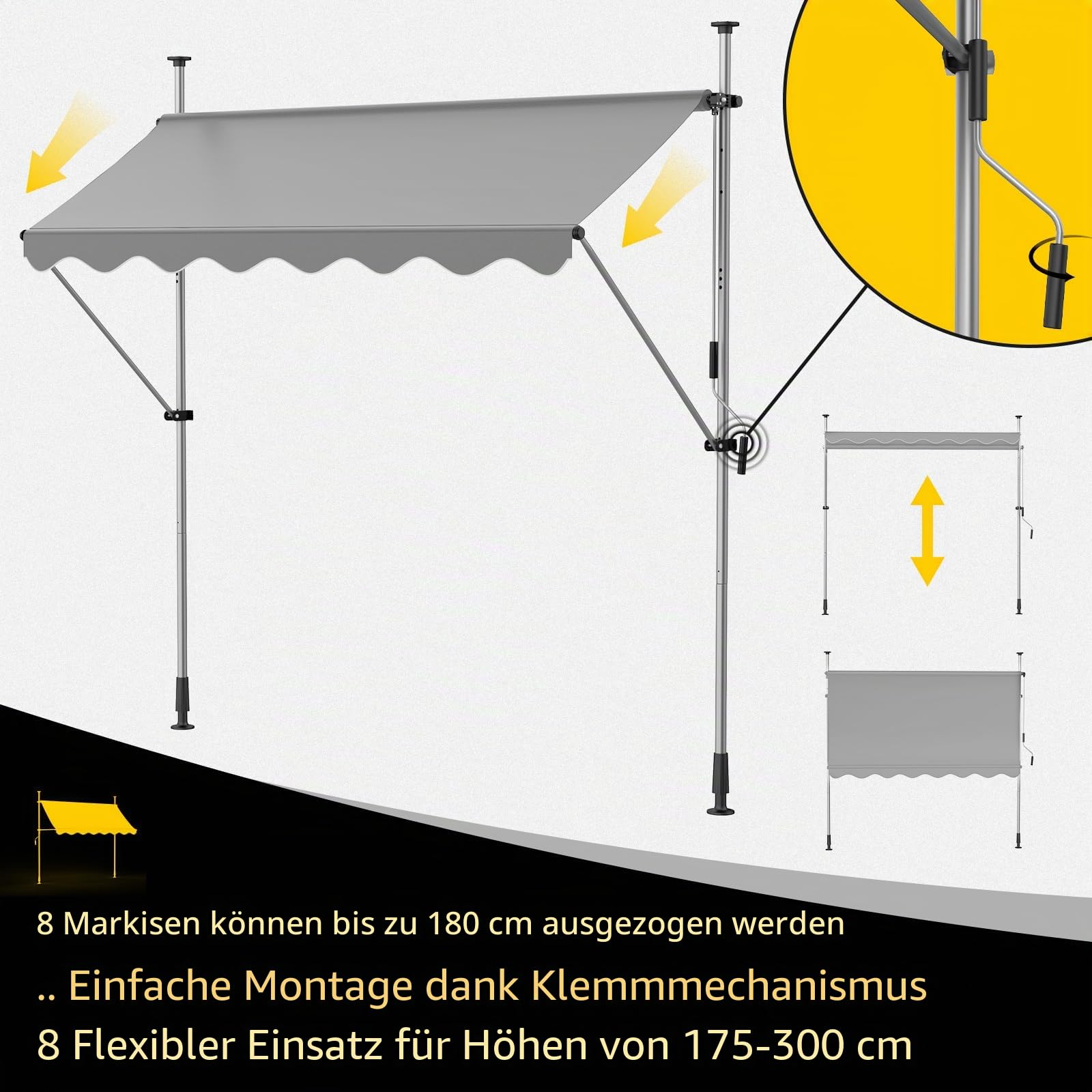 3m Balkonmarkise Ohne Bohren Markise Terrasse Klemmmarkise mit Handkurbel, UV-beständig Höhenverstellbar Wasserdicht, Sonnenschutz für 