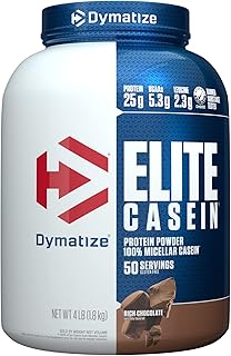 Dymatize Elite Casein Protein Powder, Slow Absorbing with Muscle Building Amino Acids, 100% Micellar Casein, 25g Protein, 5.4g BCAAs & 2.3g Leucine, Helps Overnight Recovery, Rich Chocolate, 4 Pound