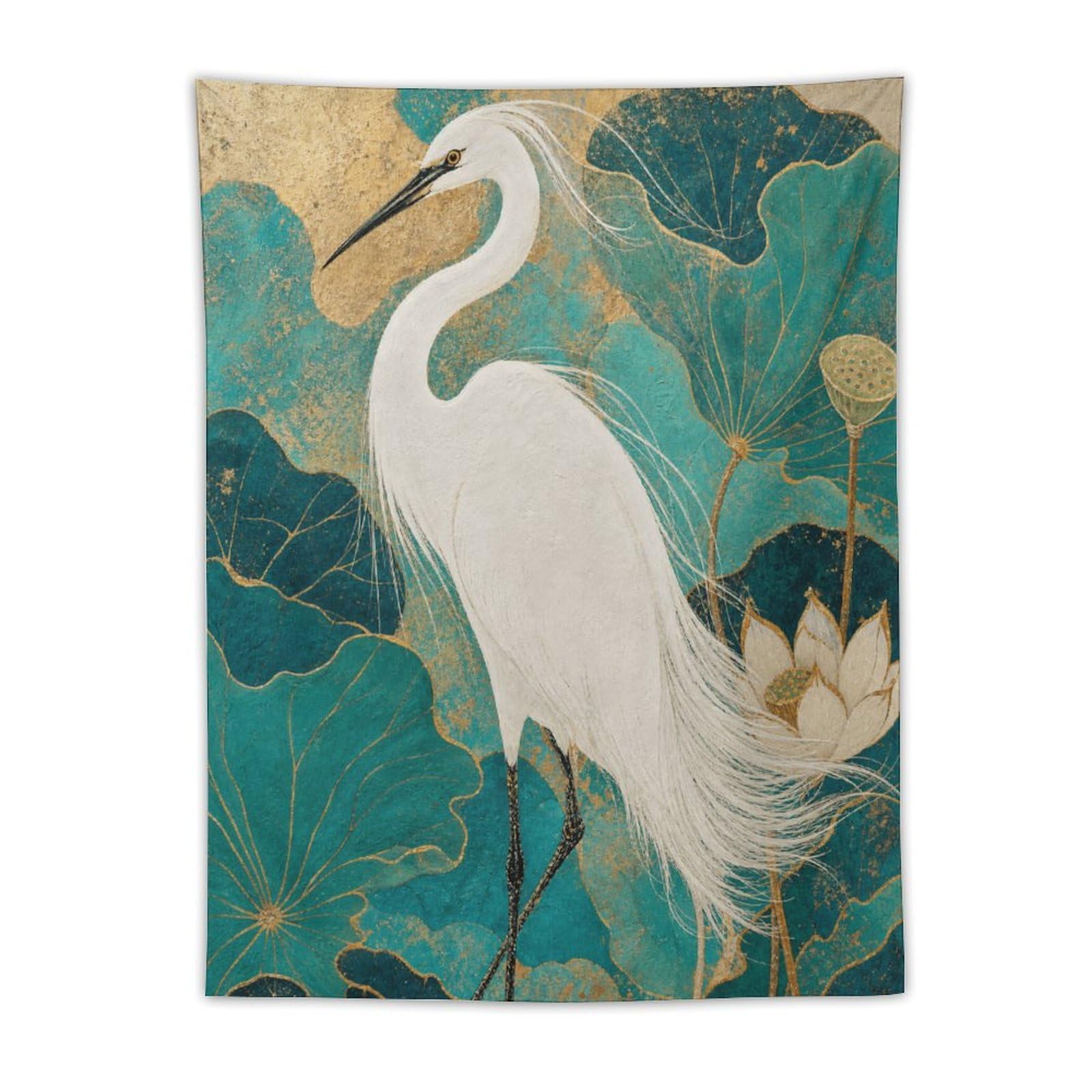 W7C8U2X3 White Egret and Lotus Wall Tapestry, Asian Ink Style, Entryway