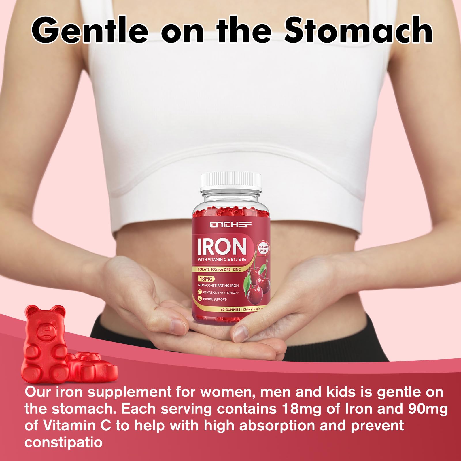 Iron Supplement for Women & Men Gummies, Multivitamin Blood Builder Iron Supplement with Folate Vitamin C B12 B6 Zinc for Adults & Kids - Energy Support - Cherry Flavor, Vegan 60 Gummies — Amazon image 4