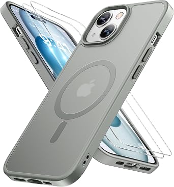 Miracase Magnetic for iPhone 15 Case (Compatible with MagSafe)(with 2X Screen Protectors) Military-Grade Protection, Anti-Fingerprint Translucent Matte Phone Cover for iPhone 15 6.1 inch, Gray