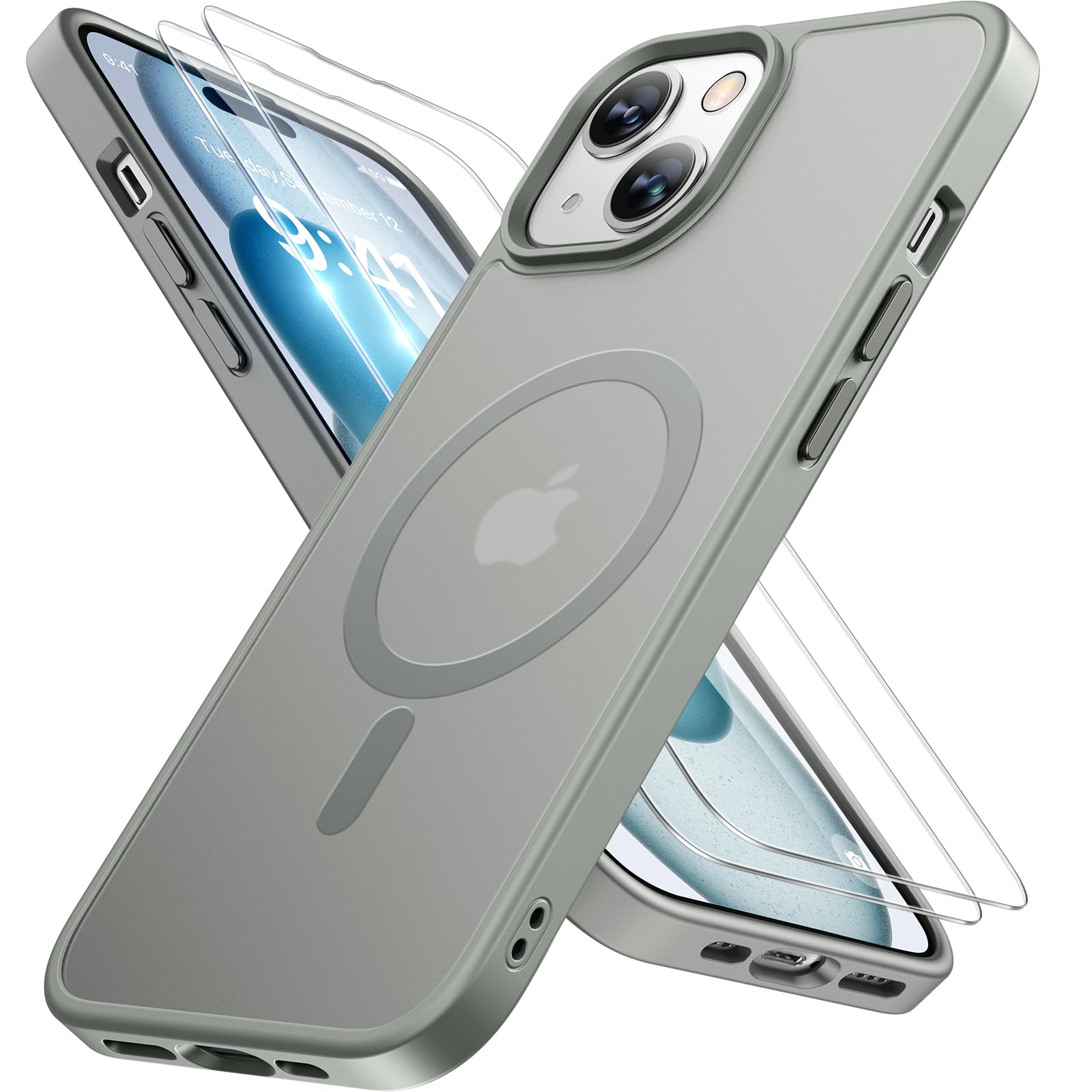 Miracase Magnetic for iPhone 15 Case (Compatible with MagSafe)（with 2X Screen Protectors） Military-Grade Protection, Anti-Fingerprint Translucent Matte Phone Cover for iPhone 15 6.1 inch, Gray