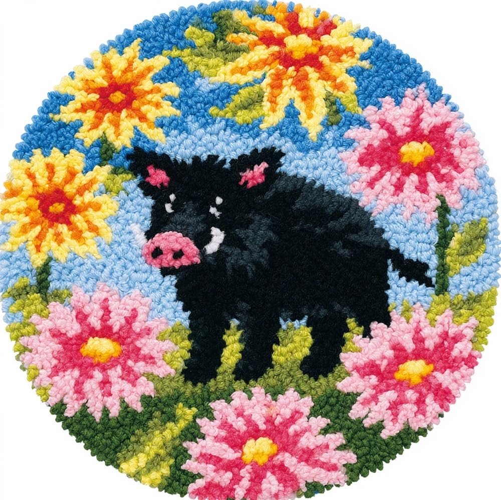 kitphoenix Latch Hook Kits for Adults, Wild Boar and Flowers 20X20Inch (50X50Cm) DIY Latch Hook Rug Kit, Home Carpet Rug Making Kit, Cross Stitch Embroidery Kits Needlework Crafts Rug for Home Decor