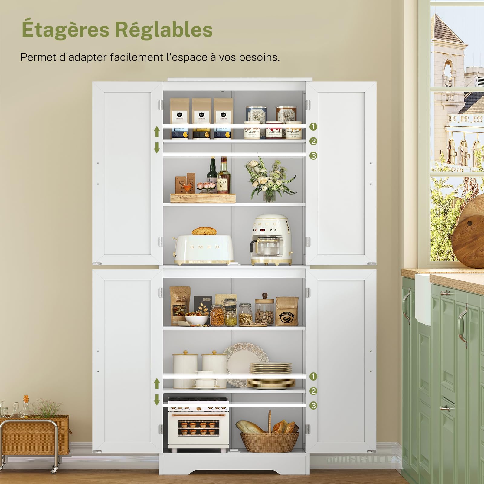 TEENFON Meuble de Salle de Bain, Armoire de Rangement 4 Portes avec Étagères Réglables, Meuble de Rangement Colonne pour Salon, Salle à Manger et Salle de Bain, 60x30x170 cm, Blanc