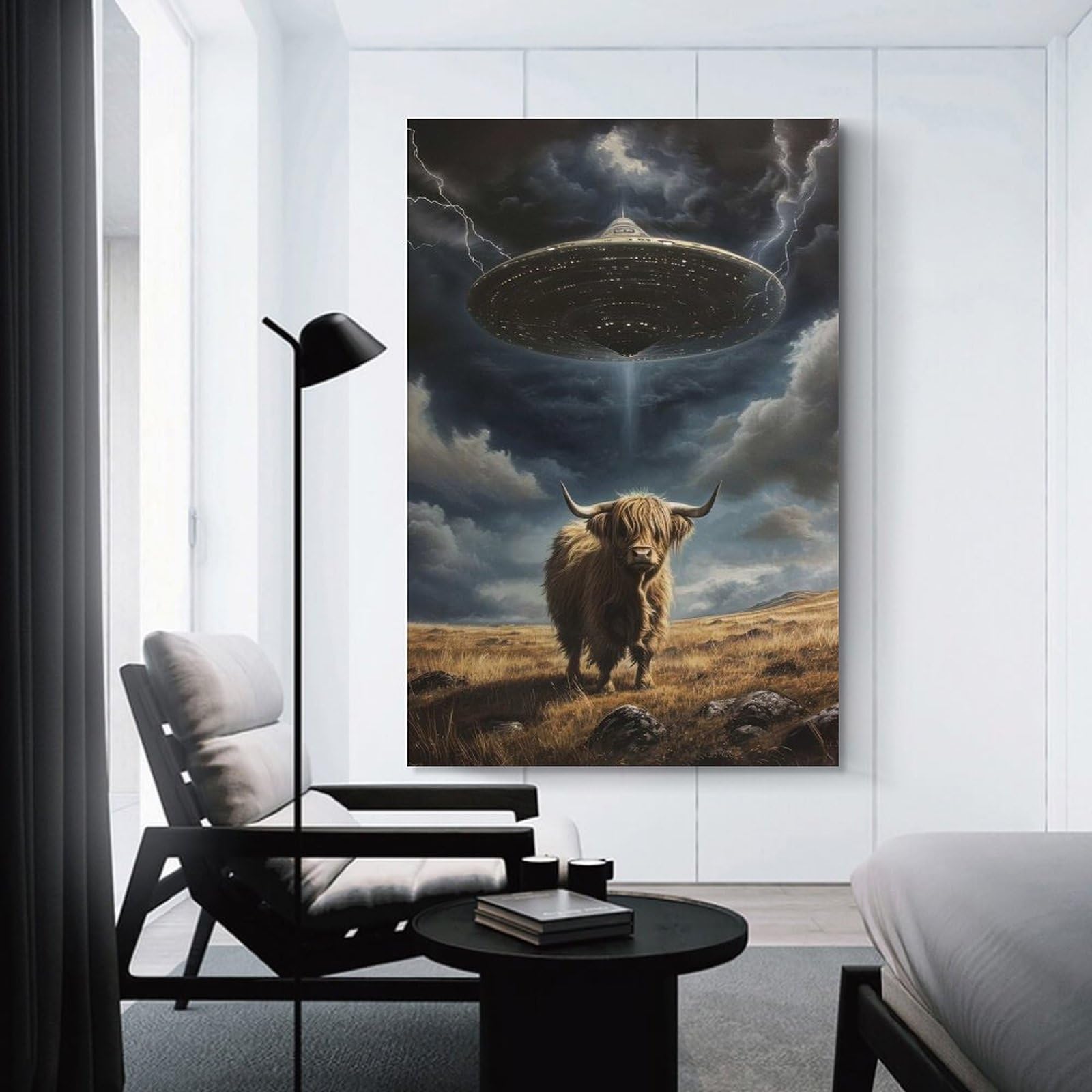 Junmoney Unframe-Style-12-1 Decorative Wall Artwork Highland Cow Ufo Abduction, 24X36inch(60X90cm), For Contemporary Homes, Apartments Or Offices, An Easy Choice For New Home Styling