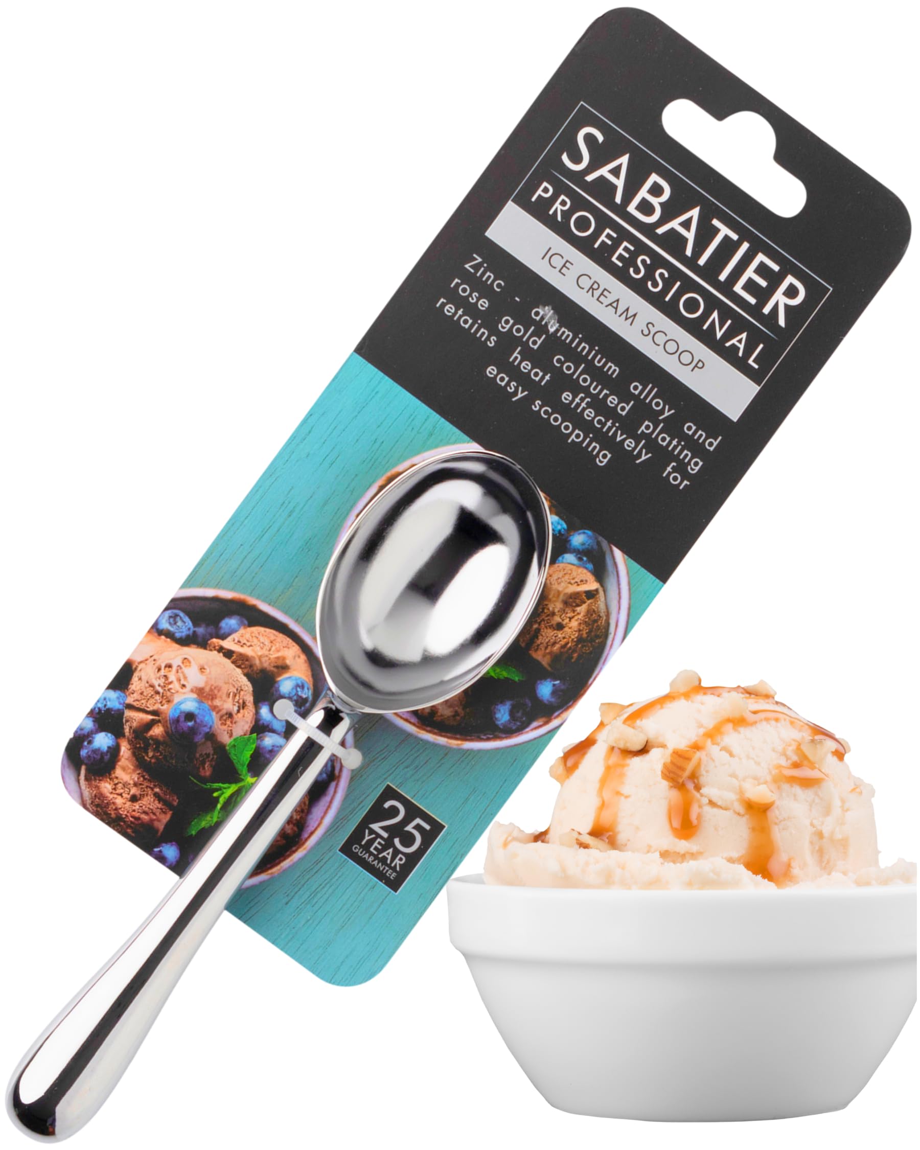 Sabatier Aluminum Spoon Ice Cream Scoop - Chrome Coloured Accessory for Tackling Frozen Dessert, Dishwasher Safe. Suitable Tool for Making Balls Out of Melon and Other Fruit