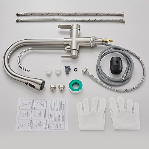 Miniatura 8 de Grifo de fregadero de cocina de 3 vías con grifo de agua potable, 2 manijas 3 en 1, grifo de cocina extraíble con filtro de agua y grifos