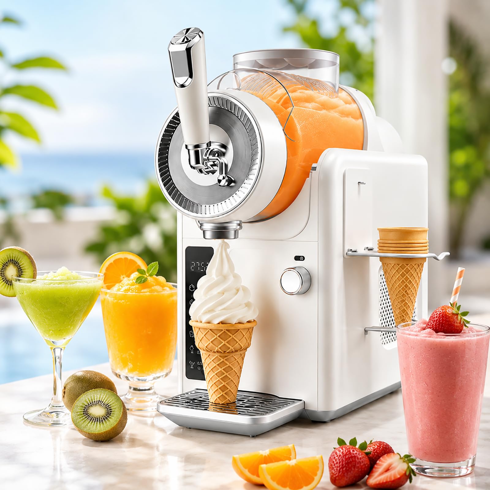 HCAUYNN Slushie Machine No Ice Needed, 2L Slushy Maker & Soft Serve Ice Cream Maker, Self-Chilling Drink Machine with 5 Presets, LED Display & Auto Clean for Home Parties White