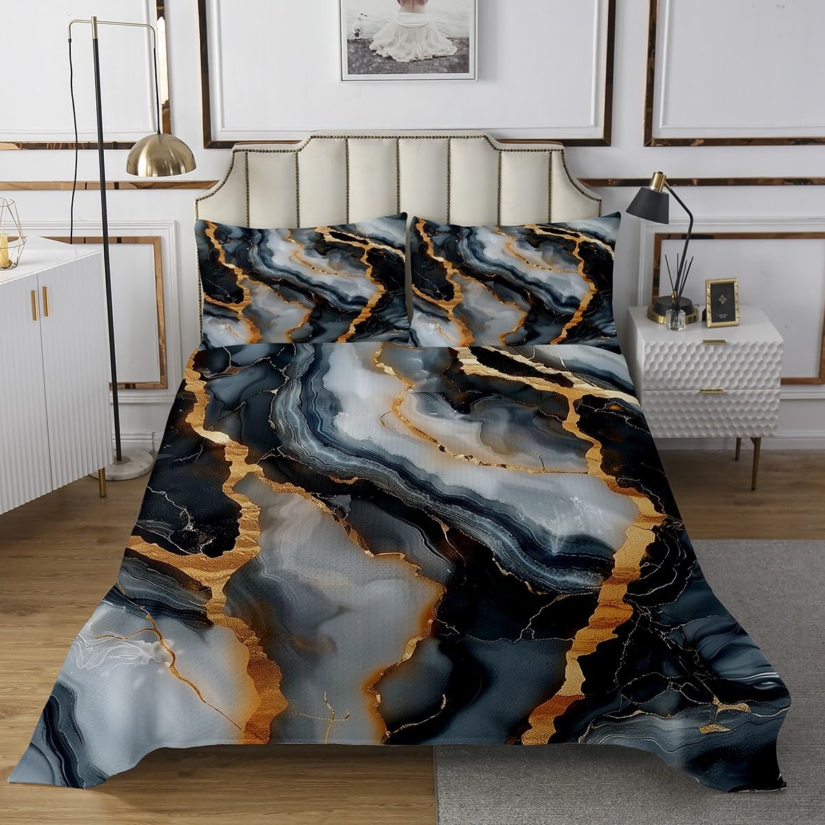 Abstract Stone Texture Artwork Bedspread Queen Size Bedding for Teens Living Room Marbling Decor Coverlet Set Golden Marble Modern Fashion Quilt Set for All Season,3 Pcs with 2 Pillowcases