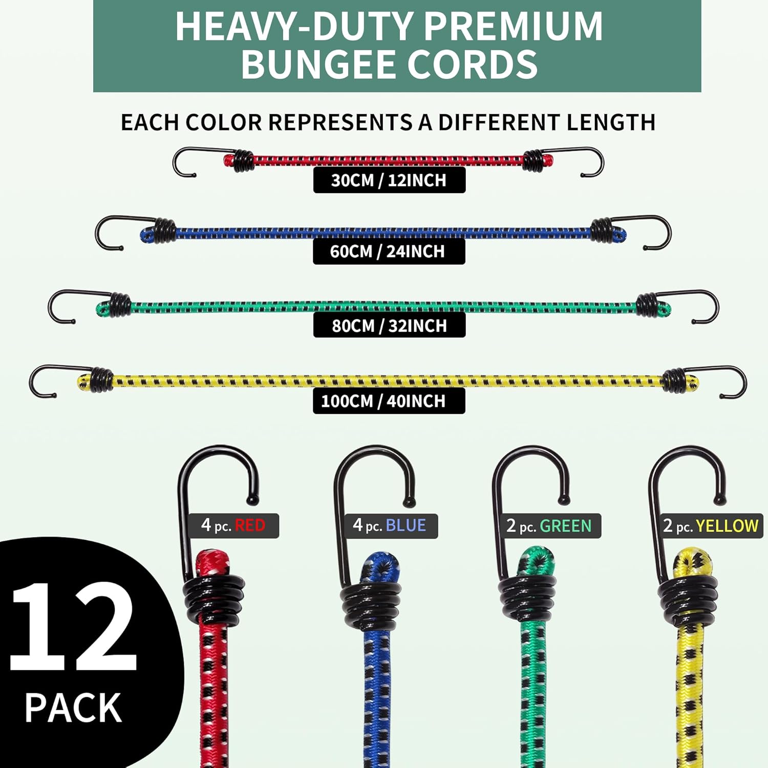 Small Bungee Cords with Hooks 12PC, Includes 12",24",32",40" Premium Elastic Bungee Cords Heavy Duty Outdoor Bungie Straps for Camping,Tent,Luggage Rack,Kayak,Various Cargoes