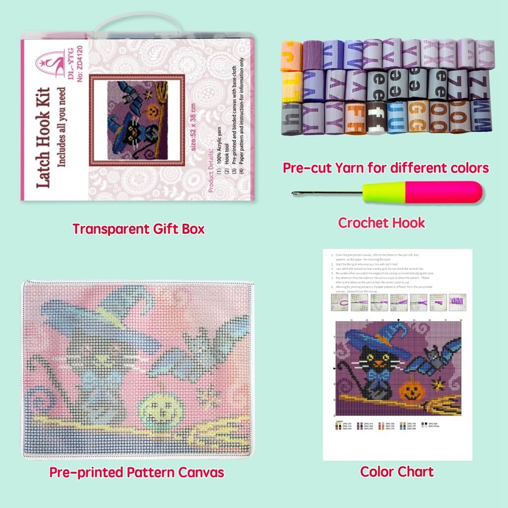 DL-YTG Latch Hook Kits Rug Halloween Crochet Yarn Cushion Colour Pre-Printed Canvas Cover Rug Needlework DIY Hook and Latch Kit Home Decoration 52x38cm/20 X15inch