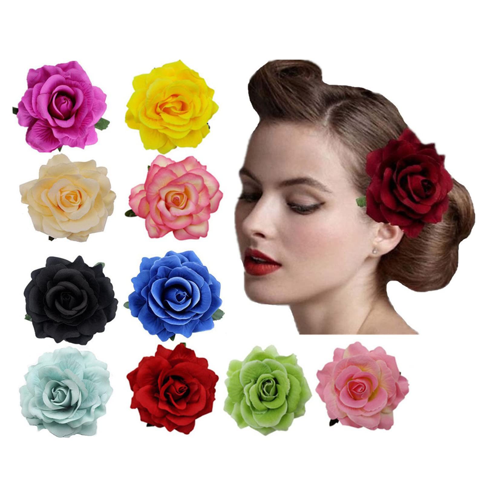 Rose Flower Hair Clips for Women, 10-Pack Flower Brooch for Ladies Girls Party Wedding Bridal Headpiece, Flamenco Dancer (Mixed 10 Colors)