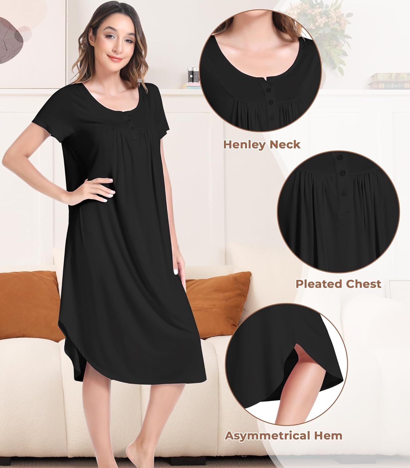 NACHILA Womens Nightgowns -Viscose Made from Bamboo,Soft Nightshirt Short Sleeve Sleepwear Pleated Sleepdress Cool Sleepshirt - Image 4