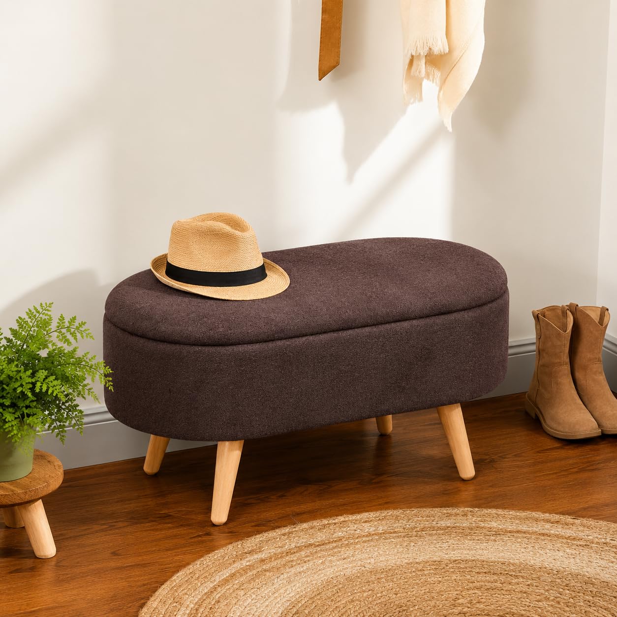 Upholstered Ottoman Storage Bench, Premium Boucle Fabric, Heavy Duty 120 Kg Load Capacity, Multipurpose Seating for Living Room & Bedroom, Brown-image-34