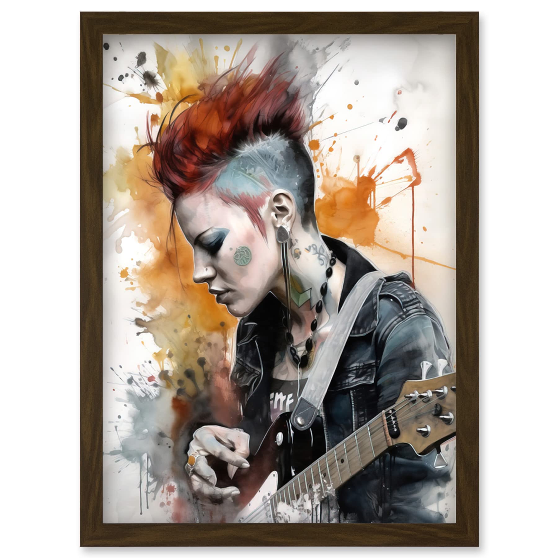 Artery8 Edgy Young Punk Woman with Mohawk and Electric Guitar Modern Watercolour Painting Artwork Framed Wall Art Print A4