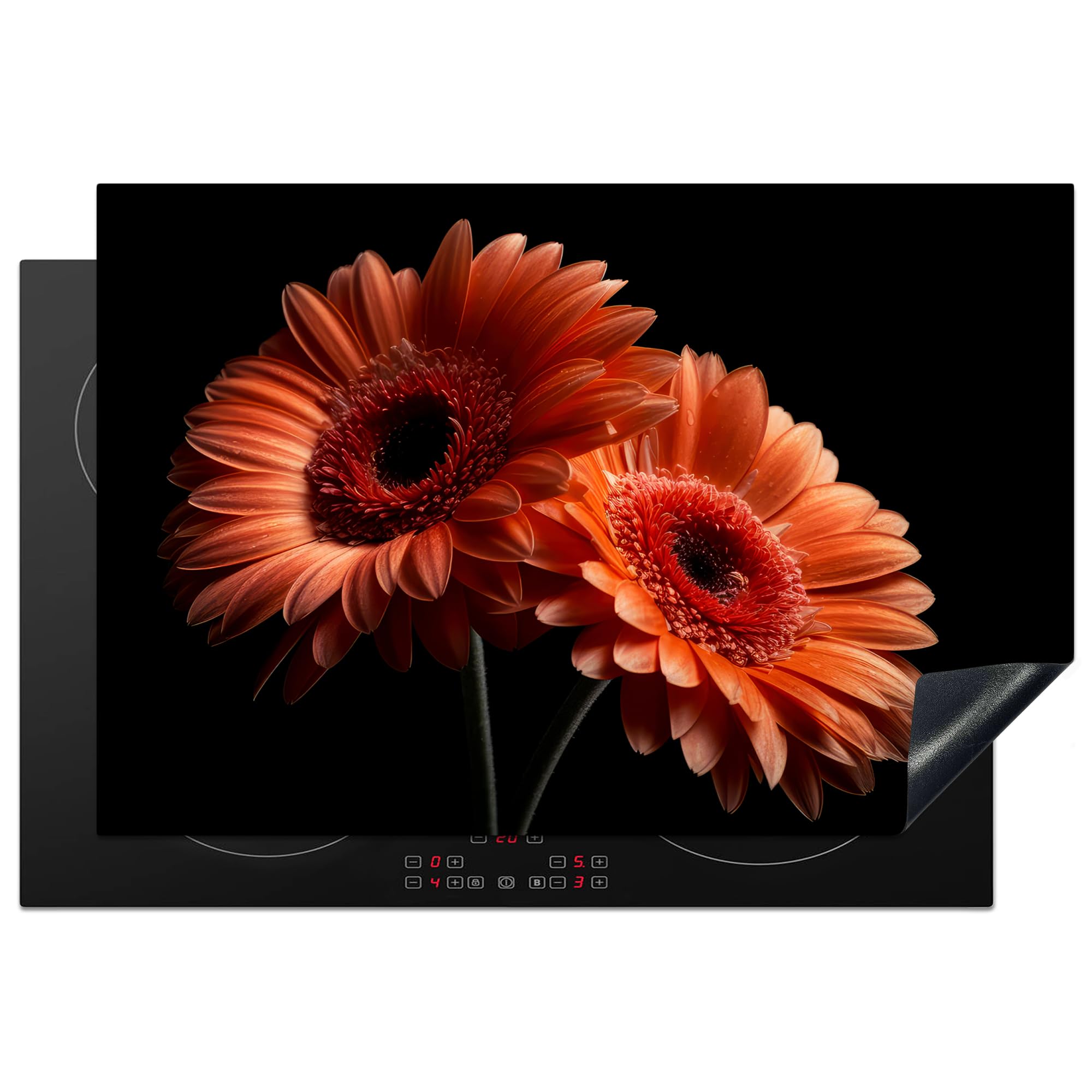KitchenYeah© Induction Hob Cover Protector Mat 20.5"x30.7" / 78x52 cm Kitchen Universal Ceramic Covers for Electric Cookers Vinyl Flowers - Botanical - Gerbera - Orange - Black