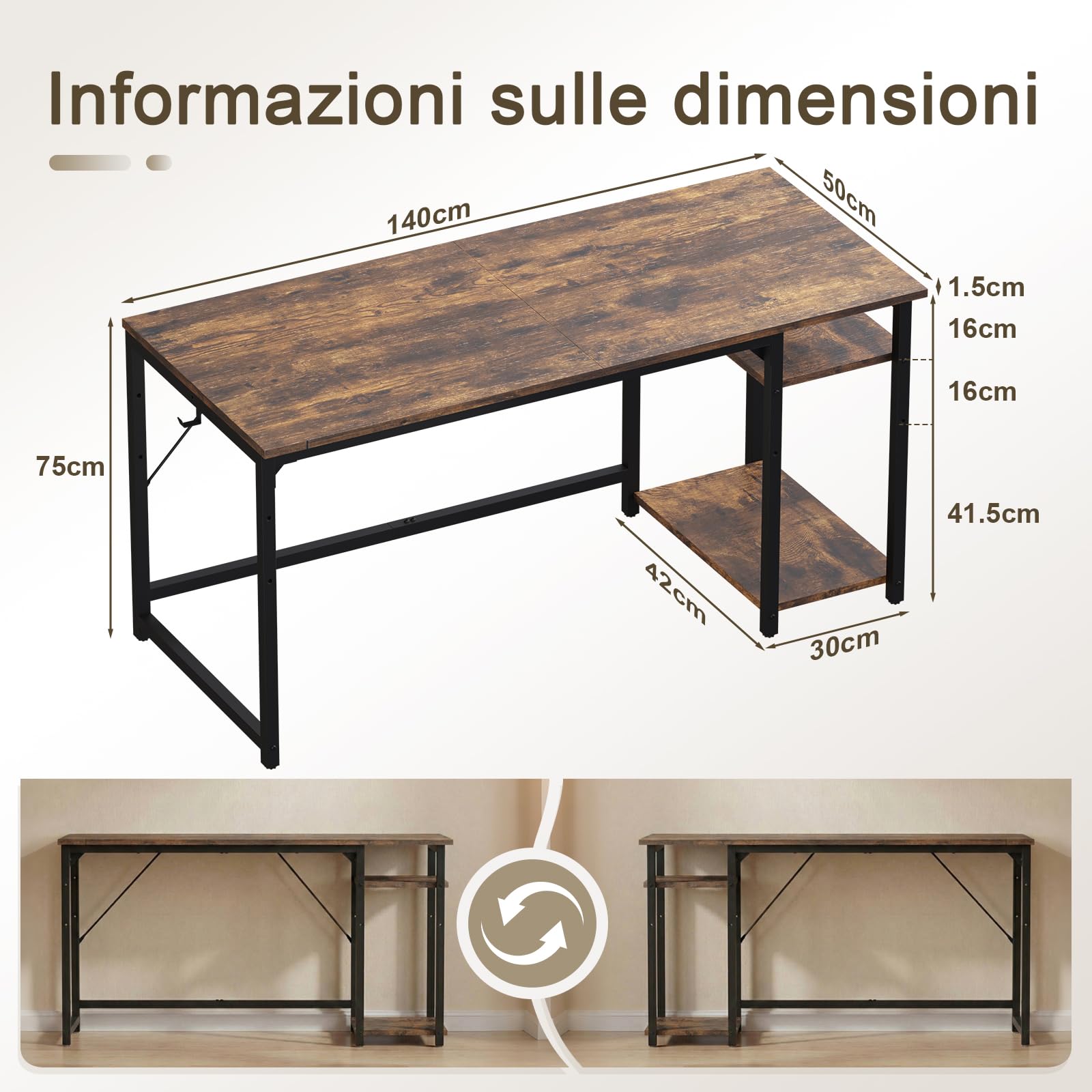 Devoko Scrivania Per Computer Industriale 140 x 50 cm, 2 Ripiani Regolabili Sinistra/Destra in Acciaio, Tavolo da Lavoro Mobile per Ufficio Casa Stile Vintage Marrone & Nero
