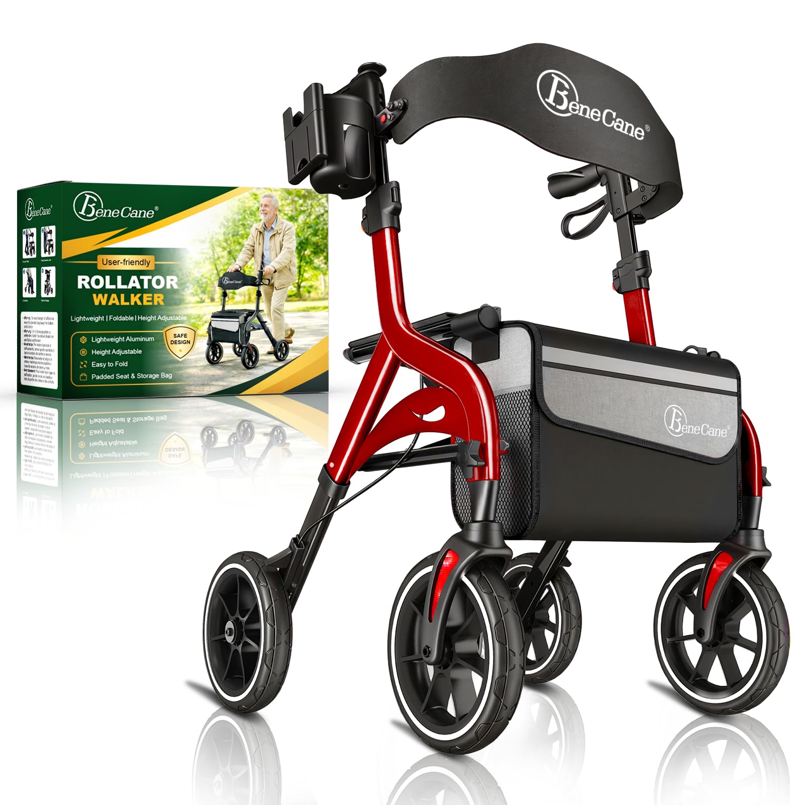 BeneCane Rollatoren Outdoor, Rollator Faltbar und Leicht mit Sitz, Aufstehhilfe, Gehhilfe für Senioren, Leicht Klappbar, Höhenverstellbar, Reiserollator mit Sitzfläche, Rückengurt, Tasche, Gehwagen