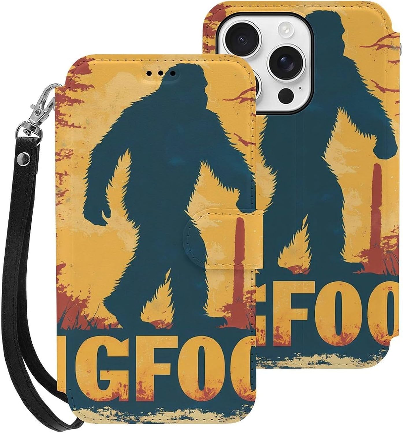Vintage Bigfoot Woods Compatible with iPhone 16/16 Plus/16 Pro/16 Pro Max/16 E Case Phone Wallet Card Holder Flip Cover with Wrist Strap